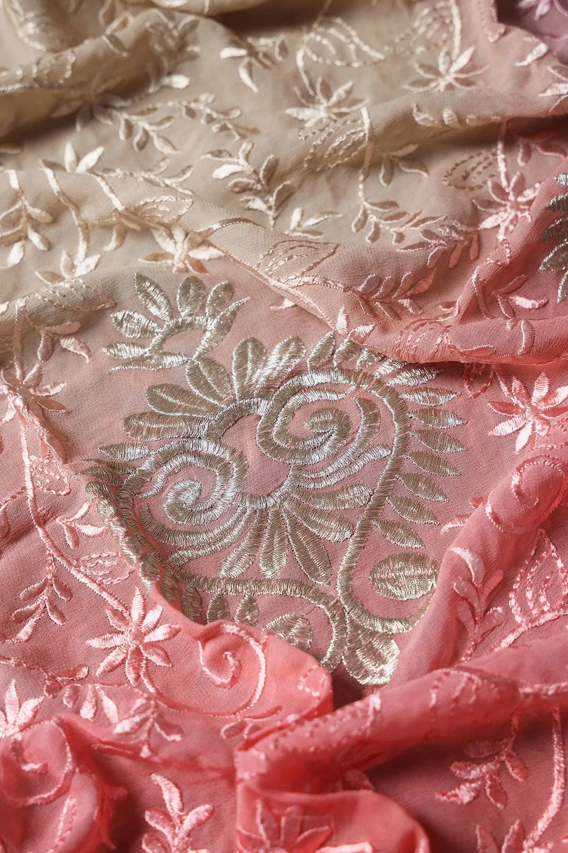 1 Meter Cut Piece Of Multi Thread With Silver Zari Floral Embroidery On Multi Color Viscose Georgette Fabric