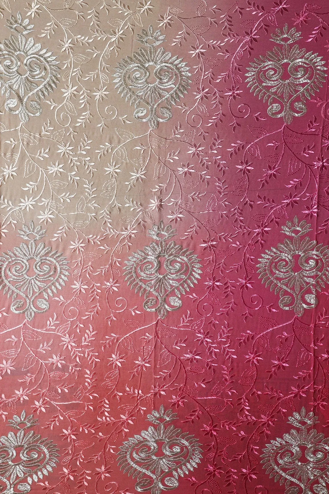 1 Meter Cut Piece Of Multi Thread With Silver Zari Floral Embroidery On Multi Color Viscose Georgette Fabric
