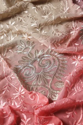 1 Meter Cut Piece Of Multi Thread With Silver Zari Floral Embroidery On Multi Color Viscose Georgette Fabric
