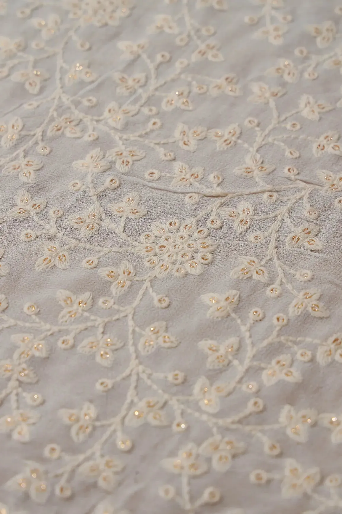 1 Meter Cut Piece Of White Thread With Gold Sequins Floral Embroidery On White Georgette Fabric