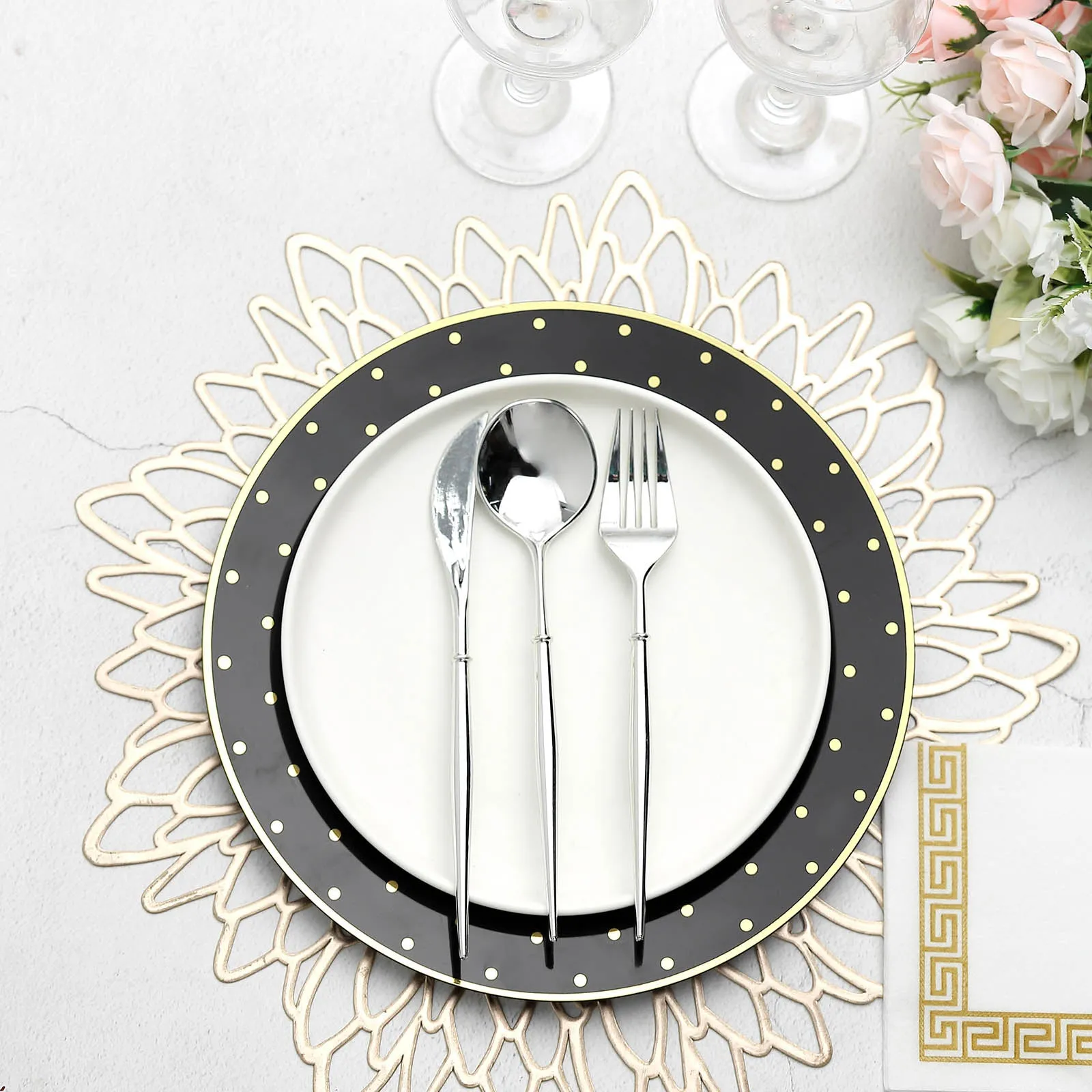 10 Pack 10" Black With Gold Dot Rim Plastic Dinner Plates, Round Disposable Tableware Plates