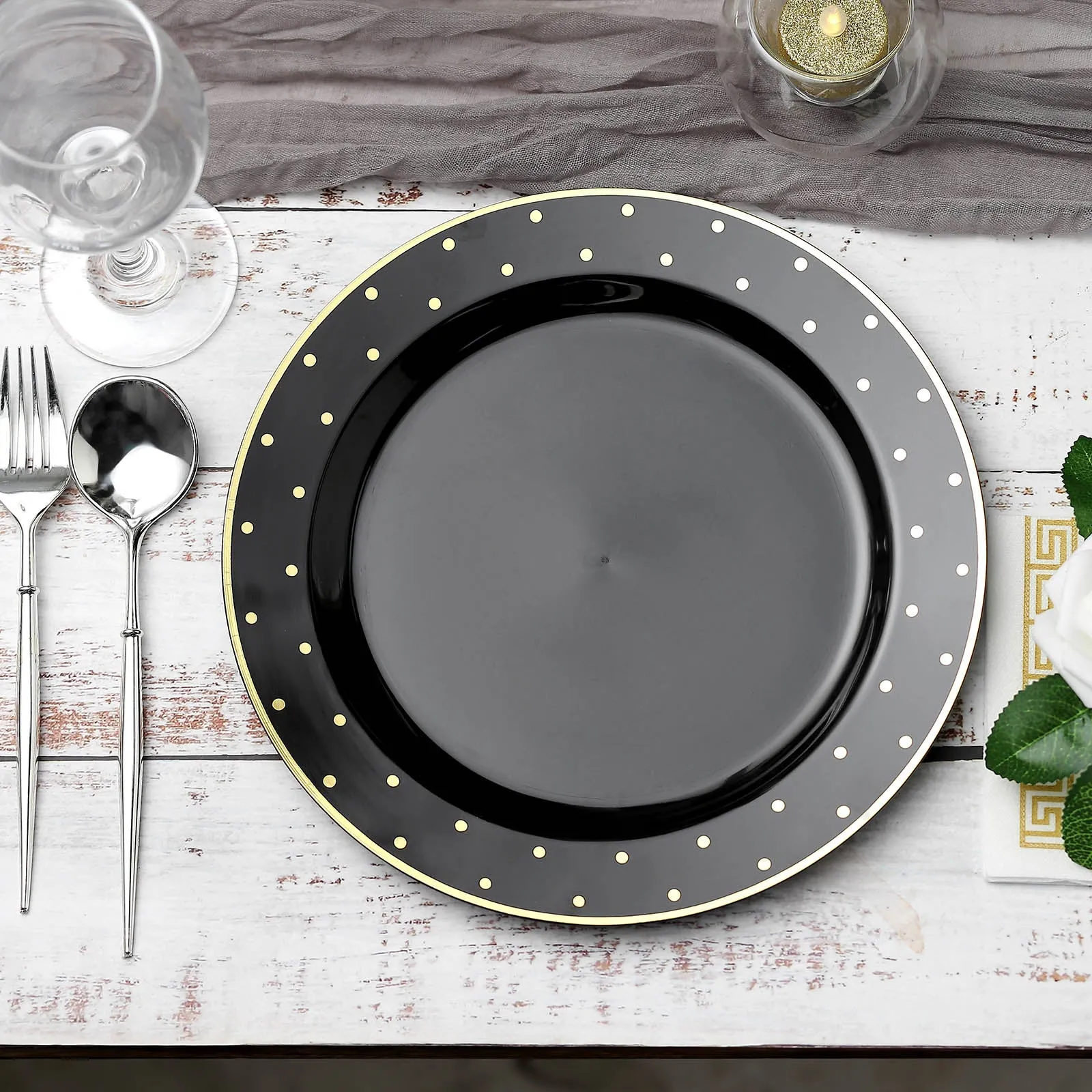10 Pack 10" Black With Gold Dot Rim Plastic Dinner Plates, Round Disposable Tableware Plates