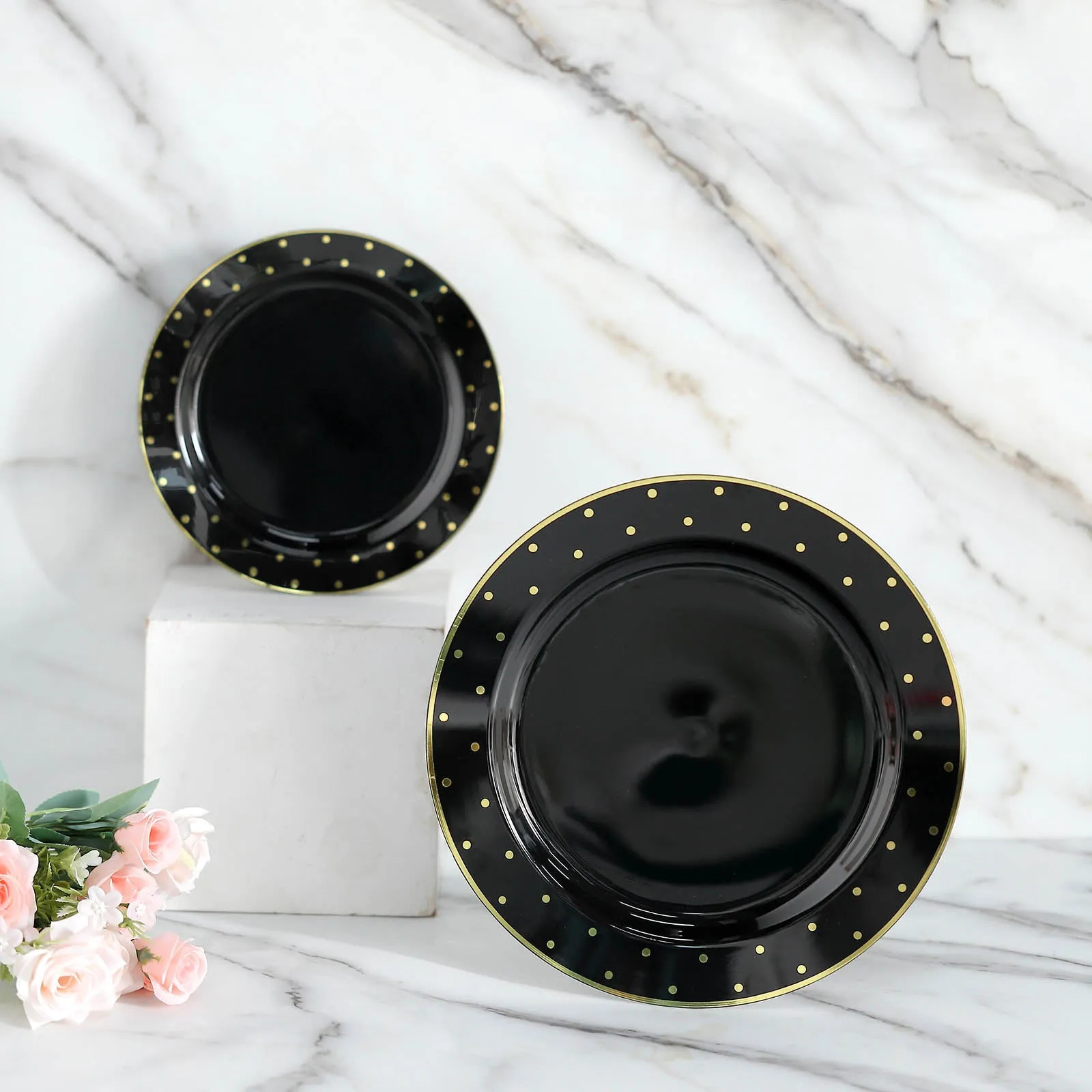 10 Pack 10" Black With Gold Dot Rim Plastic Dinner Plates, Round Disposable Tableware Plates