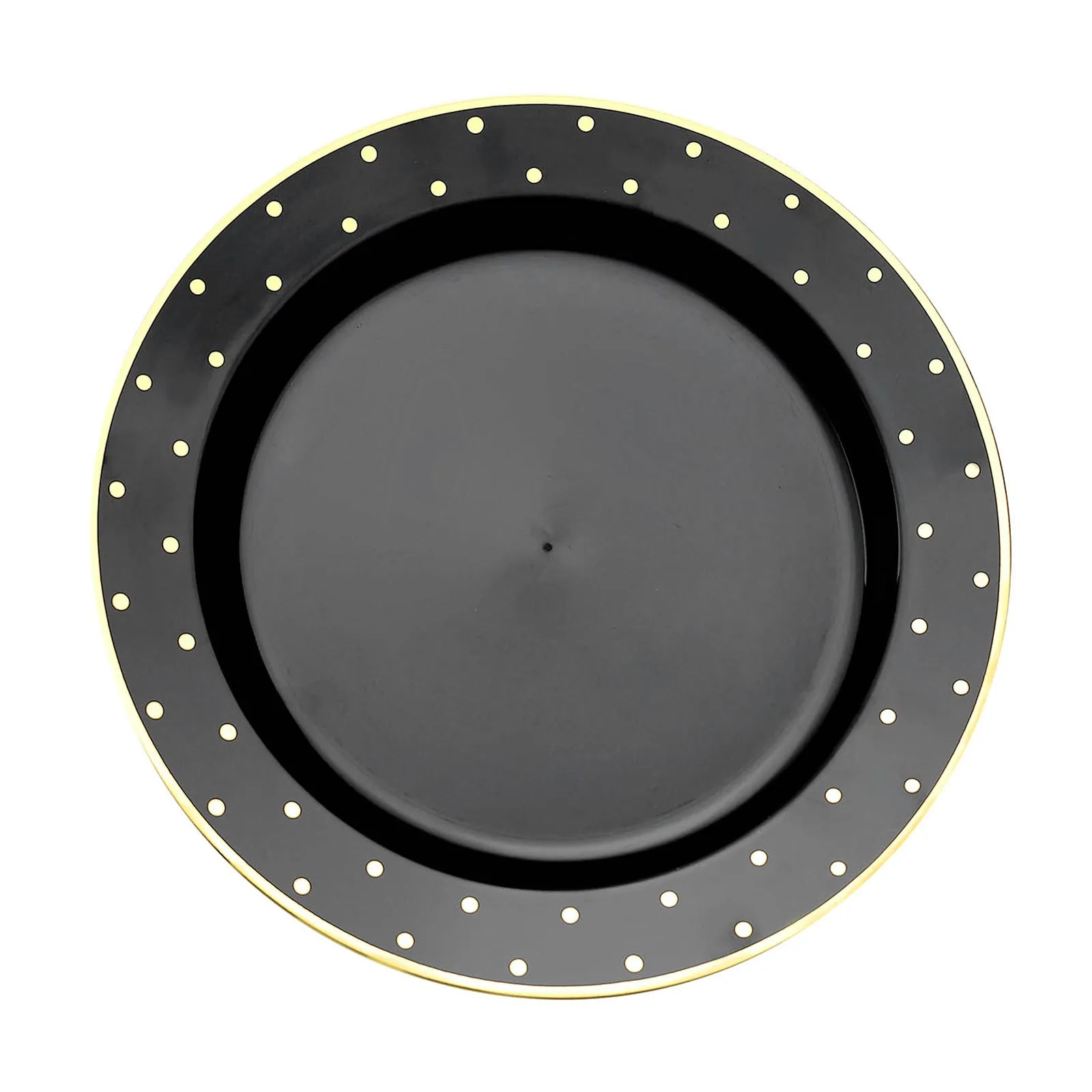 10 Pack 10" Black With Gold Dot Rim Plastic Dinner Plates, Round Disposable Tableware Plates