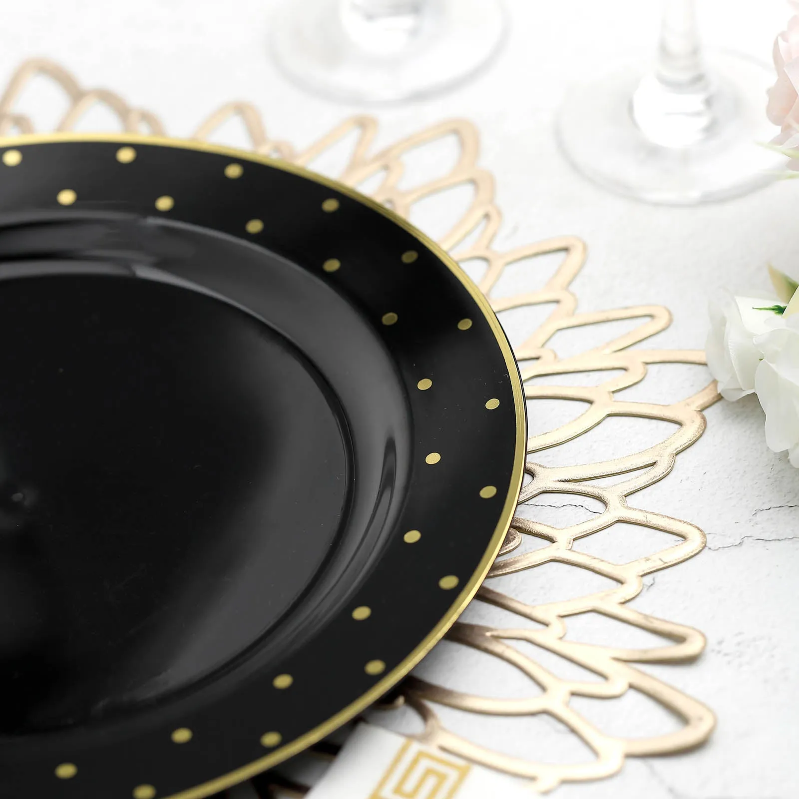 10 Pack 10" Black With Gold Dot Rim Plastic Dinner Plates, Round Disposable Tableware Plates