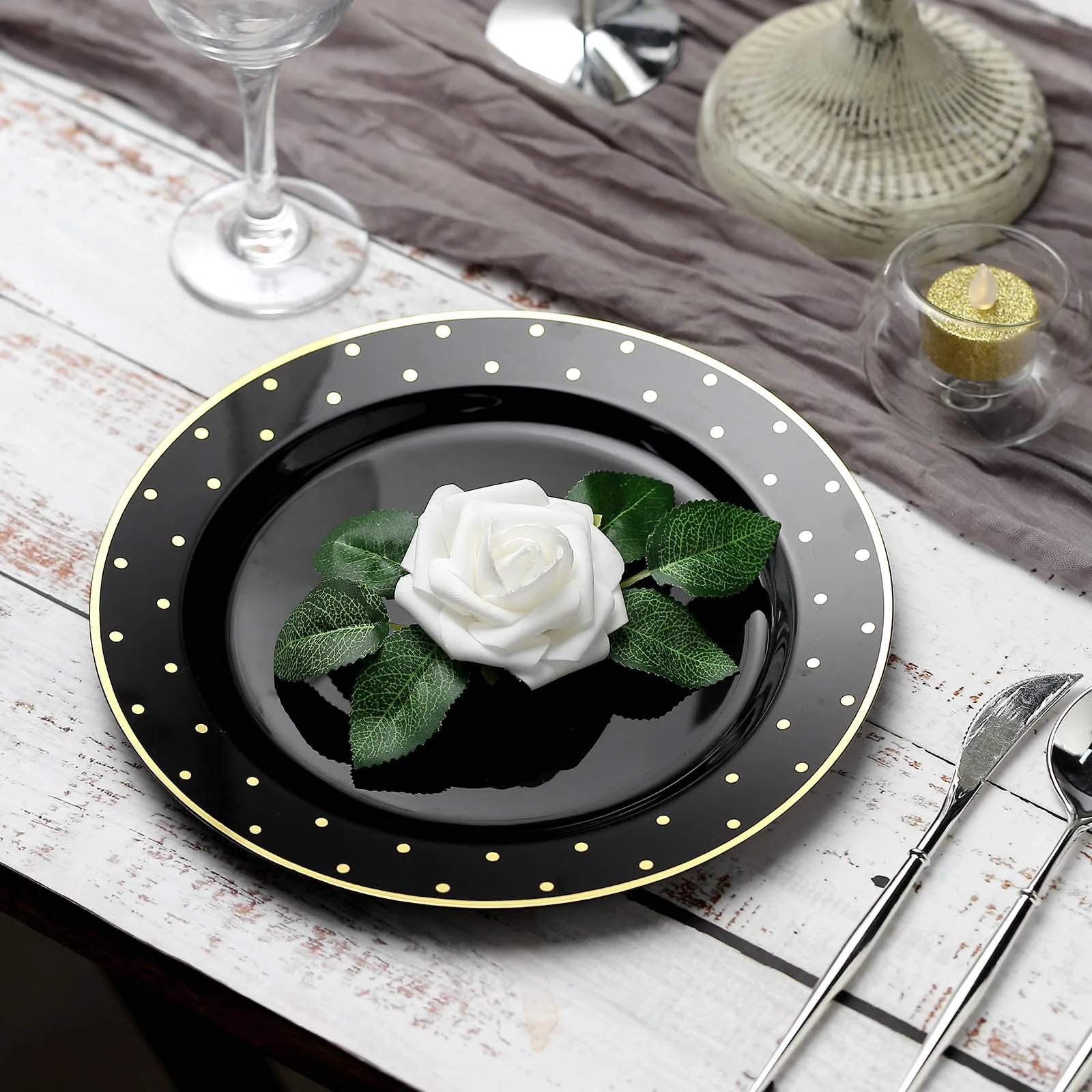 10 Pack 10" Black With Gold Dot Rim Plastic Dinner Plates, Round Disposable Tableware Plates