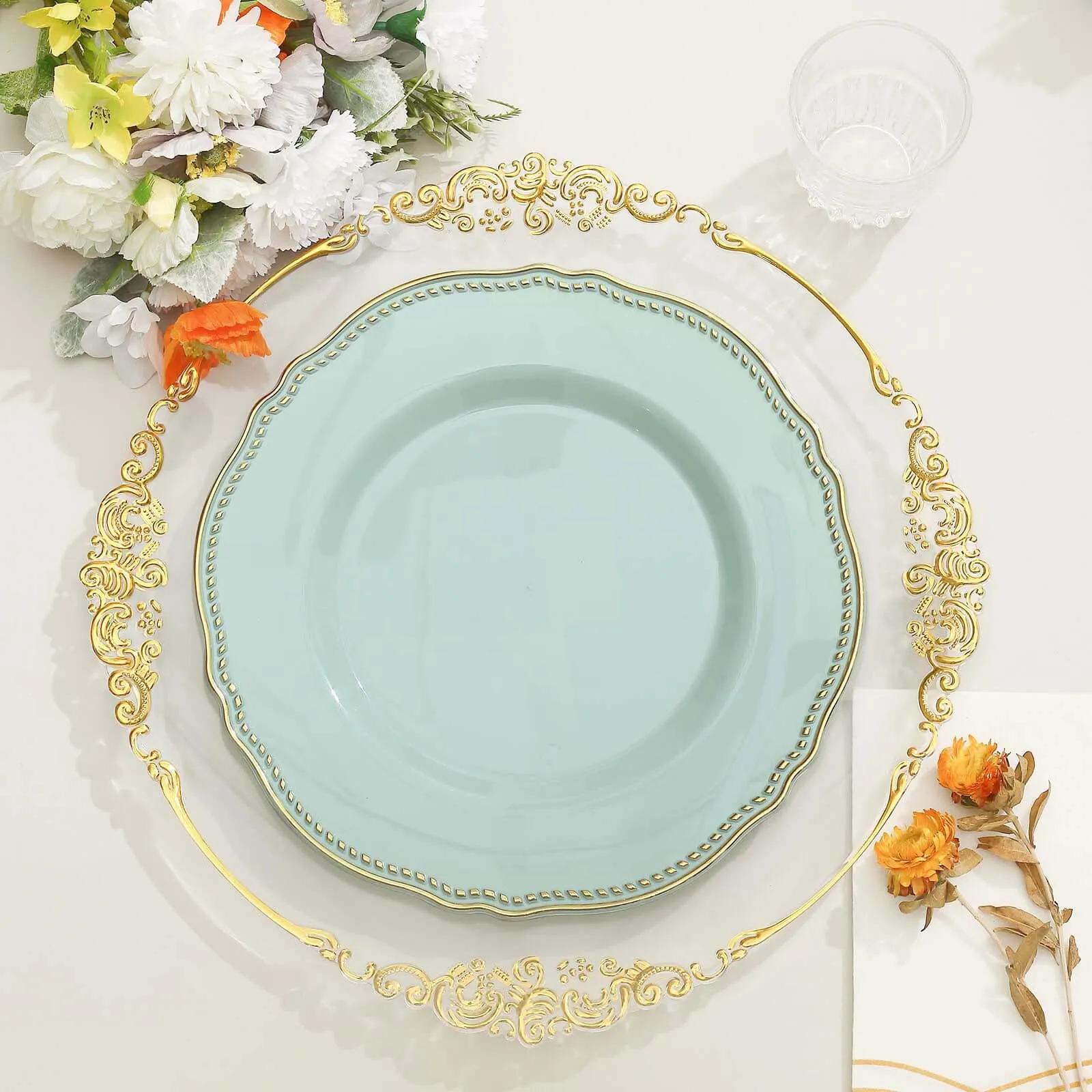 10 Pack 10" Jade Gold Scalloped Rim Disposable Dinner Plates, Large Plastic Party Plates