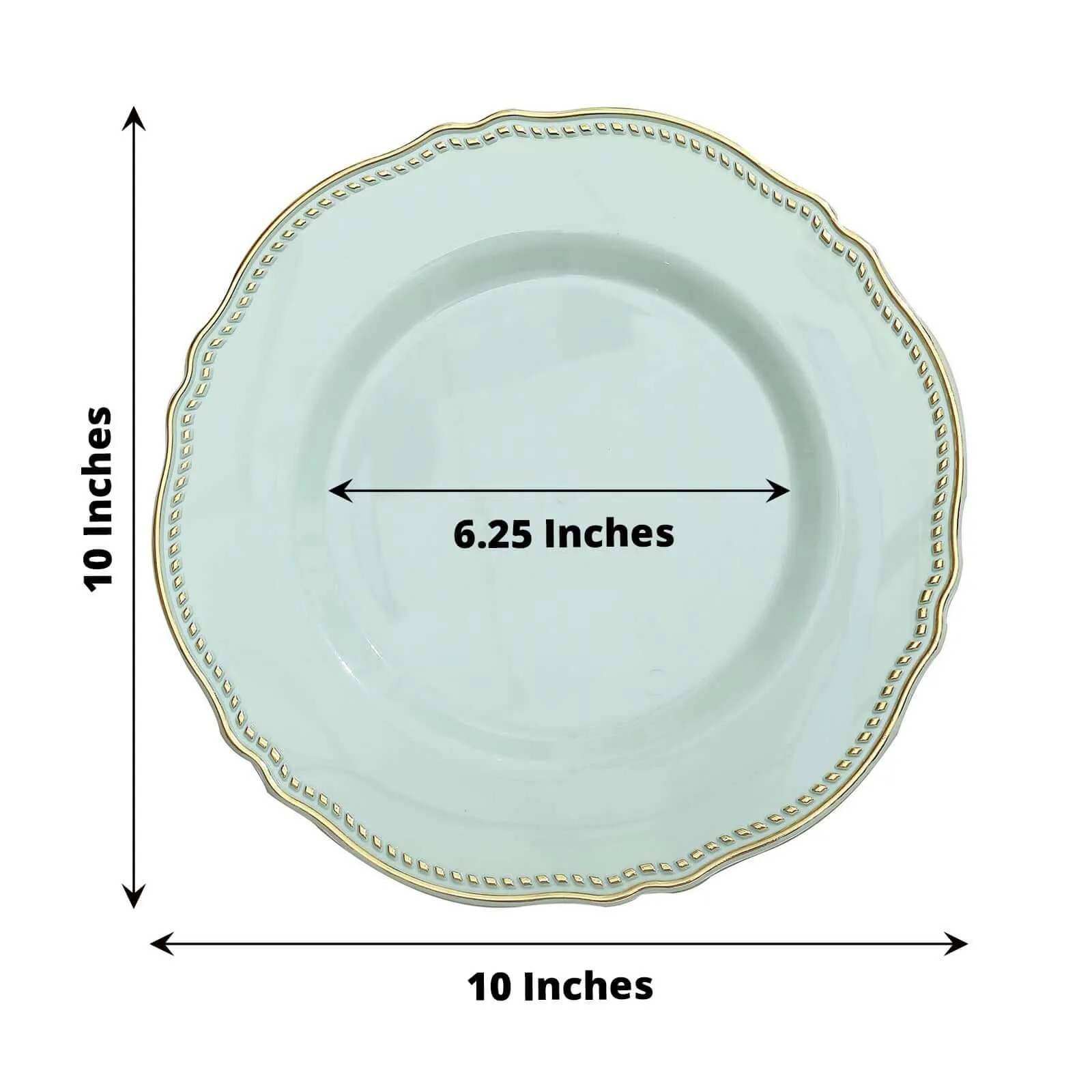 10 Pack 10" Jade Gold Scalloped Rim Disposable Dinner Plates, Large Plastic Party Plates