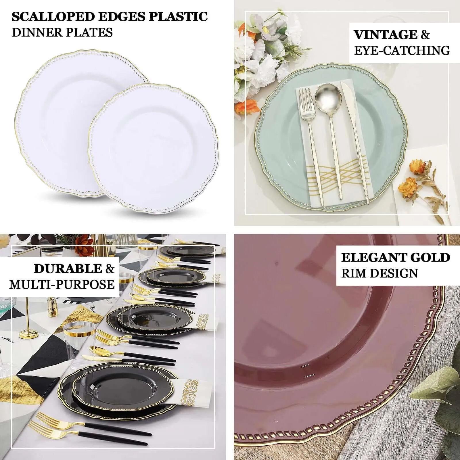 10 Pack 10" Jade Gold Scalloped Rim Disposable Dinner Plates, Large Plastic Party Plates