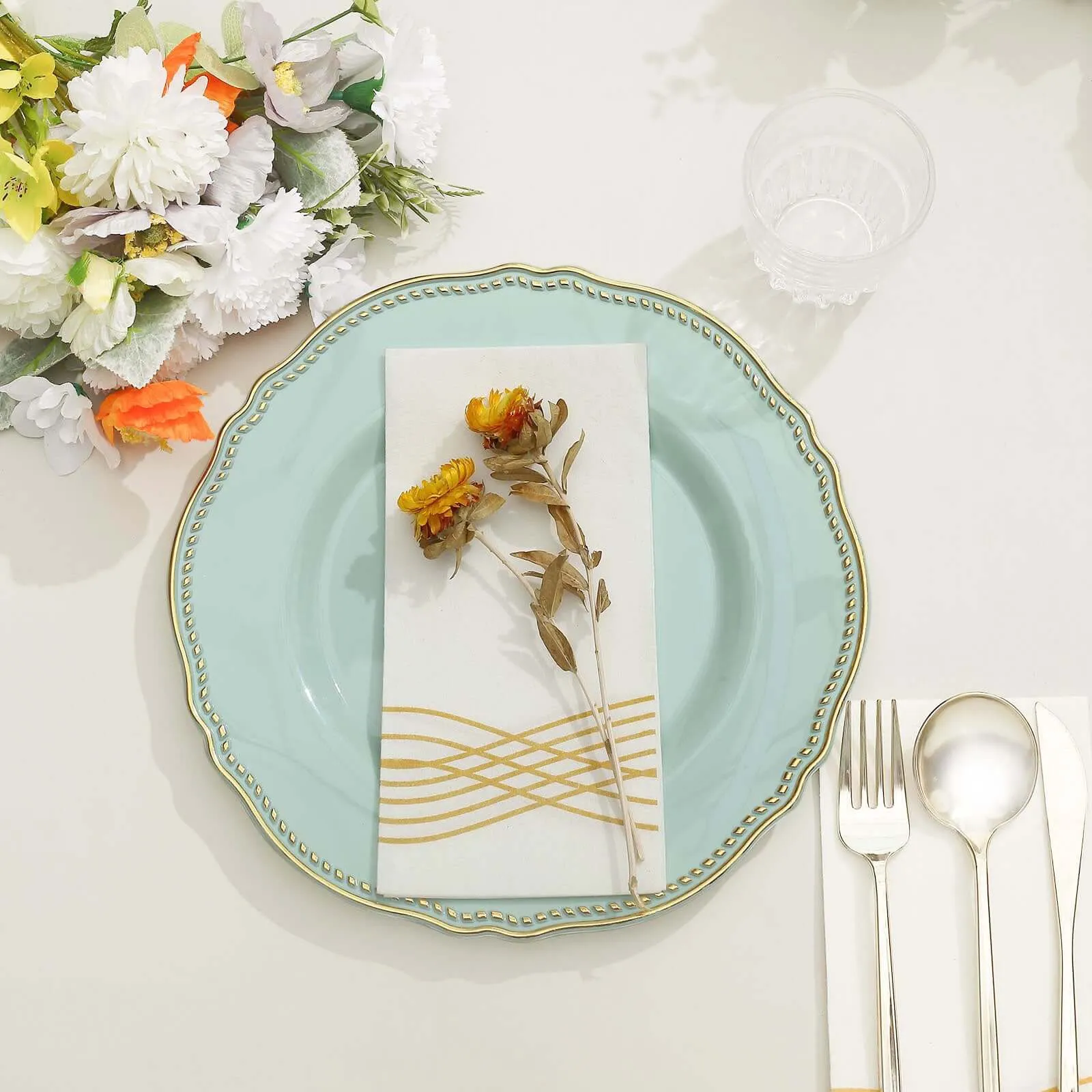 10 Pack 10" Jade Gold Scalloped Rim Disposable Dinner Plates, Large Plastic Party Plates