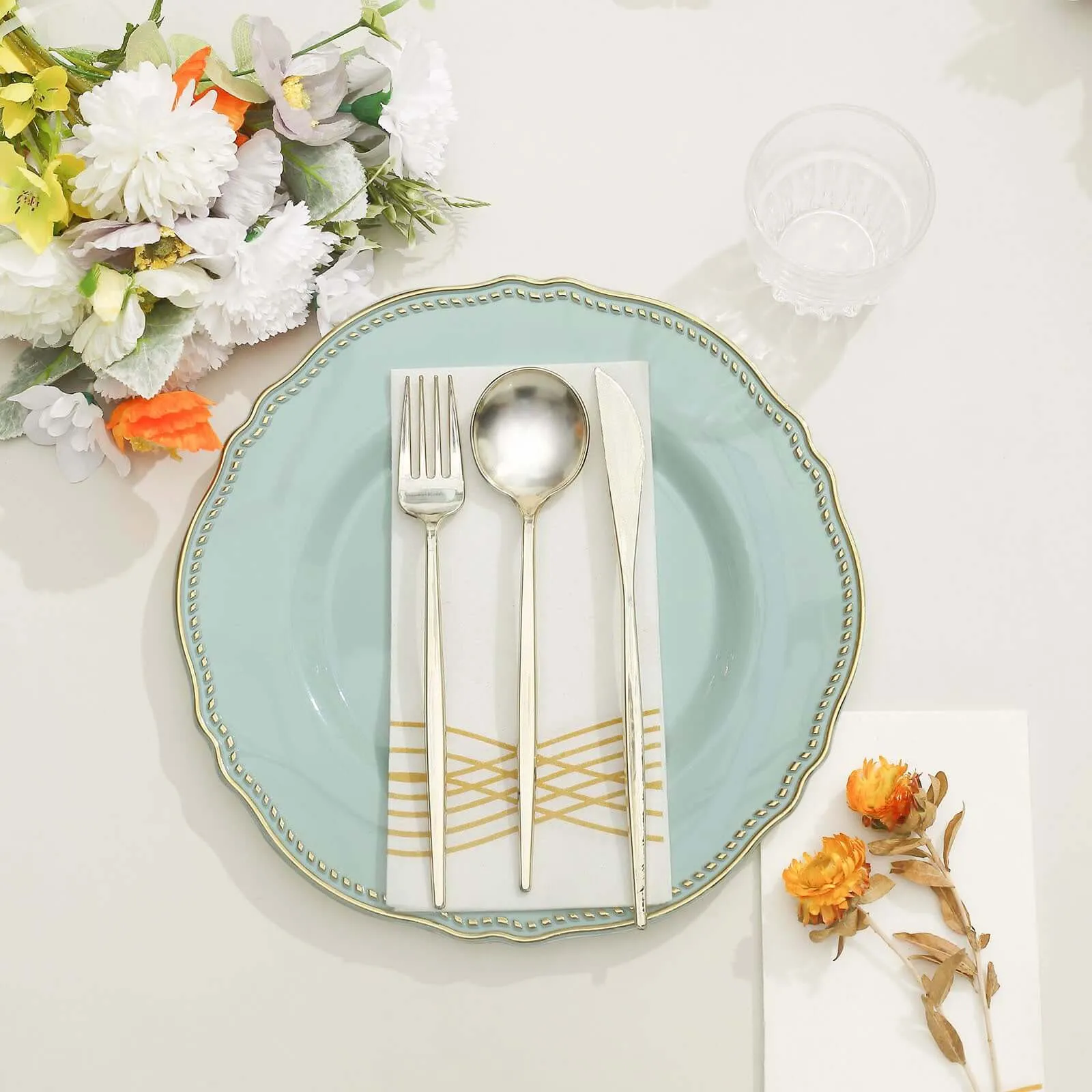 10 Pack 10" Jade Gold Scalloped Rim Disposable Dinner Plates, Large Plastic Party Plates