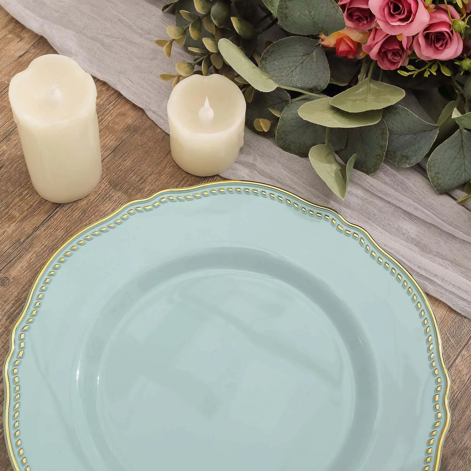 10 Pack 10" Jade Gold Scalloped Rim Disposable Dinner Plates, Large Plastic Party Plates