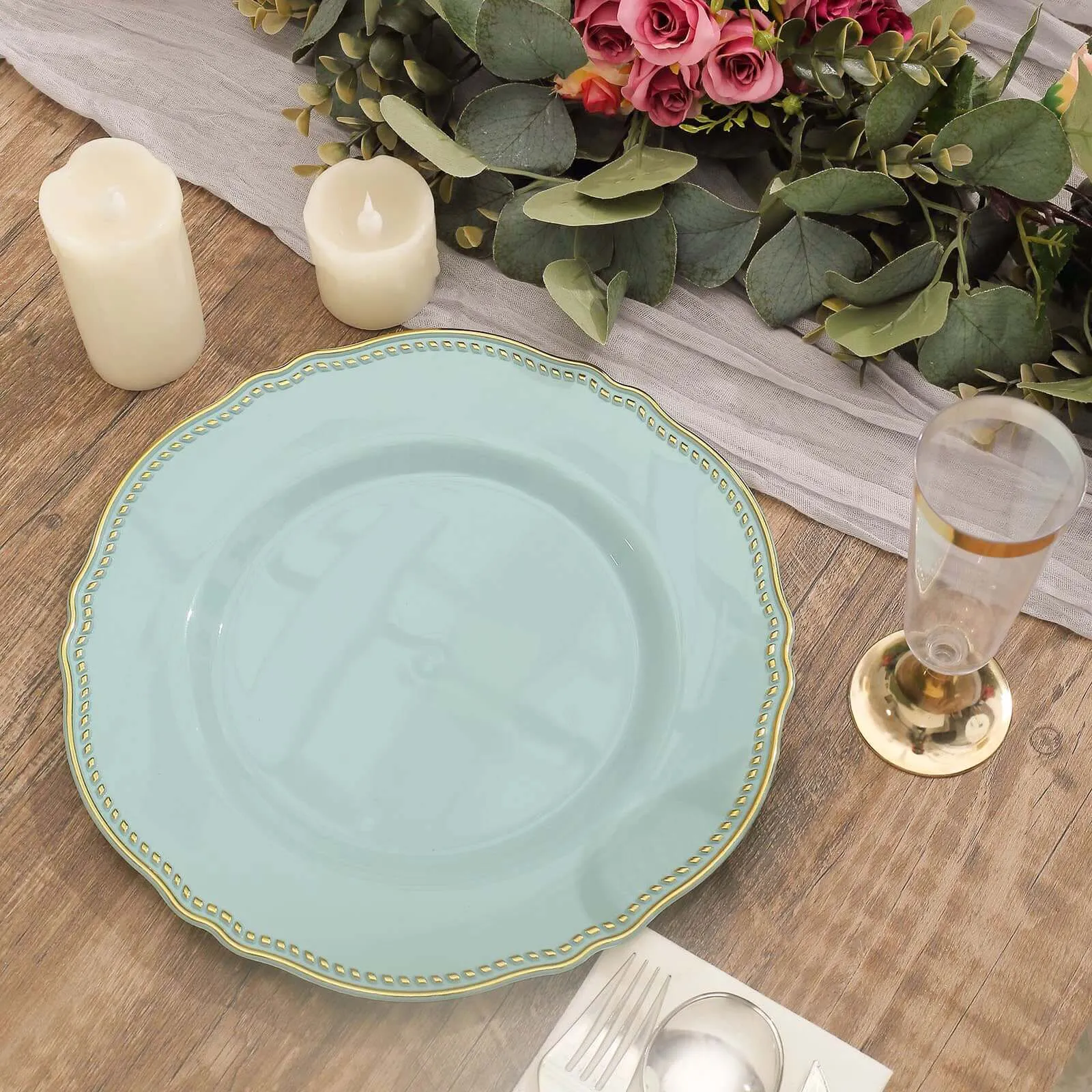 10 Pack 10" Jade Gold Scalloped Rim Disposable Dinner Plates, Large Plastic Party Plates