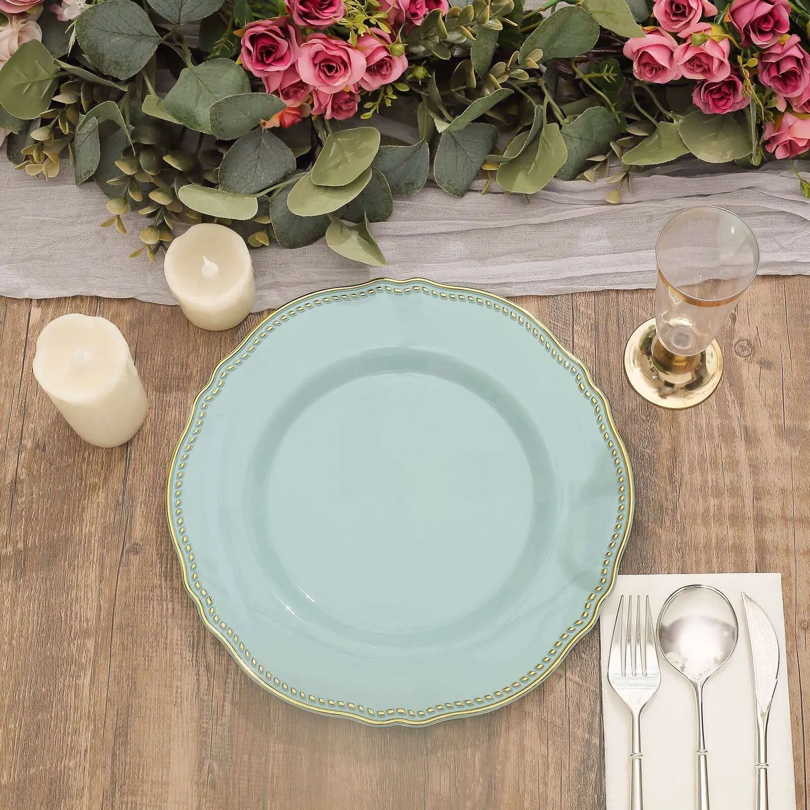 10 Pack 10" Jade Gold Scalloped Rim Disposable Dinner Plates, Large Plastic Party Plates