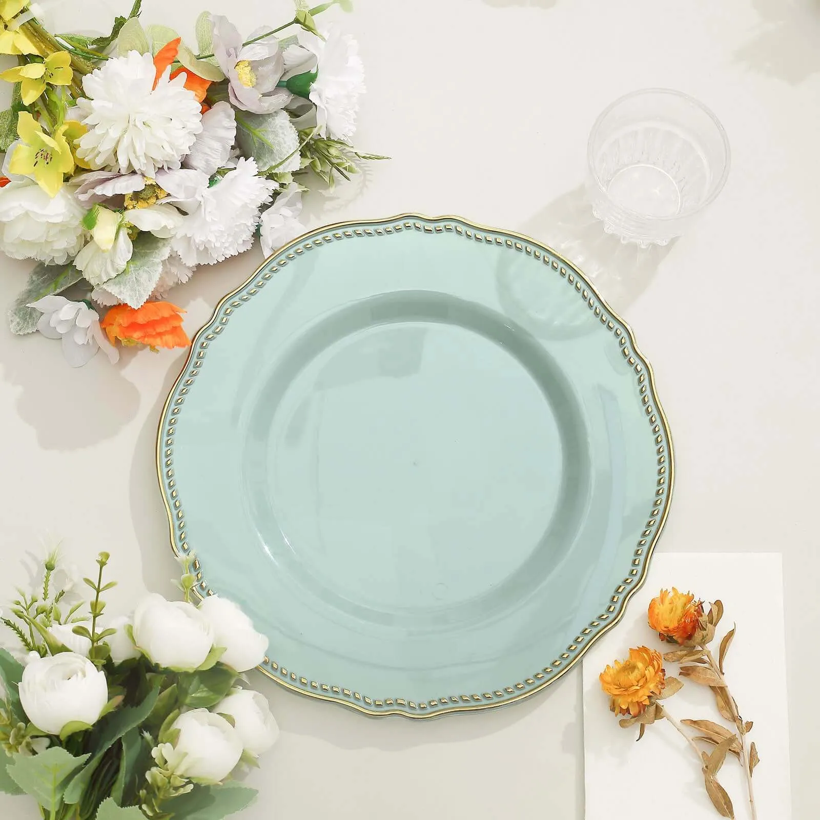 10 Pack 10" Jade Gold Scalloped Rim Disposable Dinner Plates, Large Plastic Party Plates