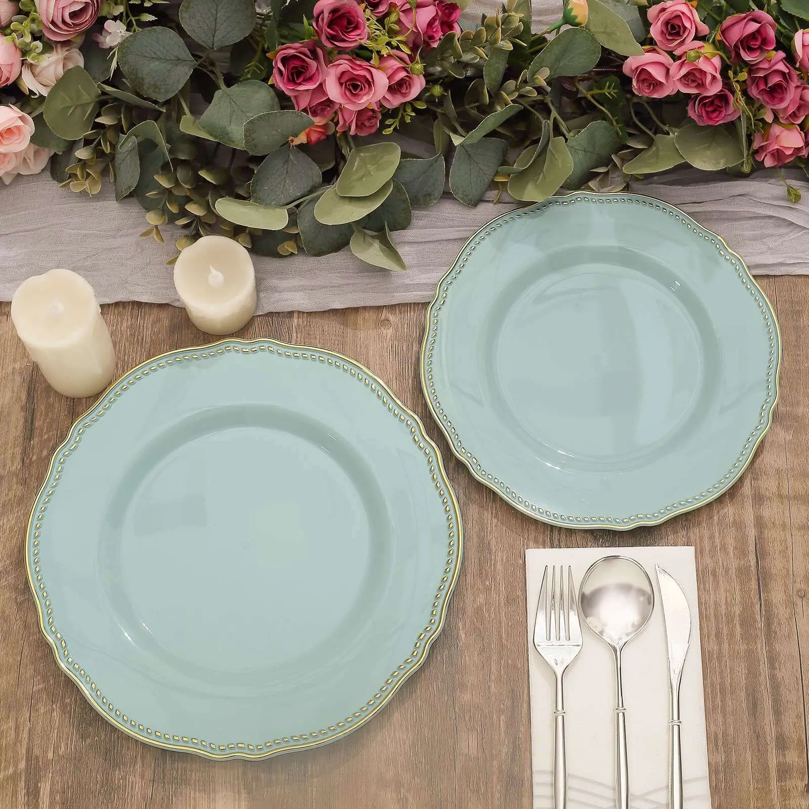 10 Pack 10" Jade Gold Scalloped Rim Disposable Dinner Plates, Large Plastic Party Plates