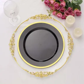 10 Pack 10" Regal Black and Gold Round Plastic Dinner Plates