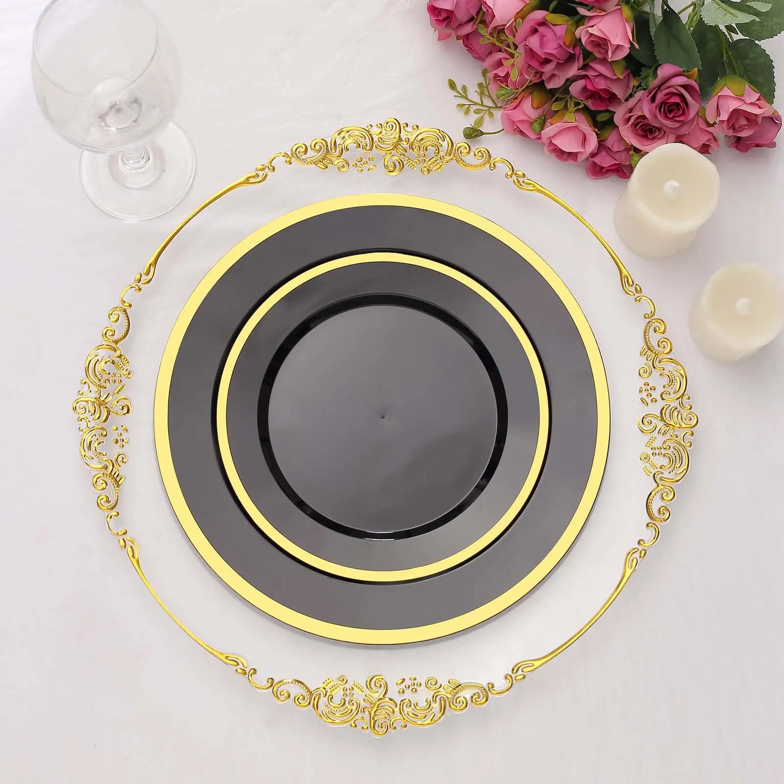 10 Pack 10" Regal Black and Gold Round Plastic Dinner Plates