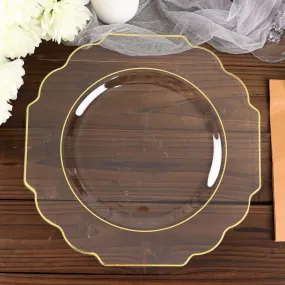 10 Pack 11" Clear Hard Plastic Dinner Plates, Disposable Tableware, Baroque Heavy Duty Plates with Gold Rim