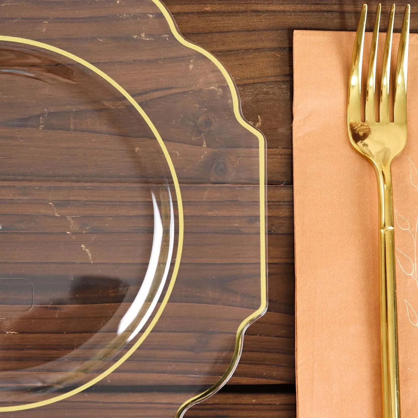 10 Pack 11" Clear Hard Plastic Dinner Plates, Disposable Tableware, Baroque Heavy Duty Plates with Gold Rim
