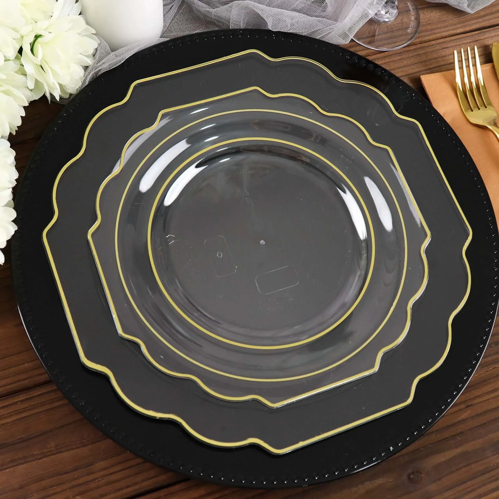 10 Pack 11" Clear Hard Plastic Dinner Plates, Disposable Tableware, Baroque Heavy Duty Plates with Gold Rim