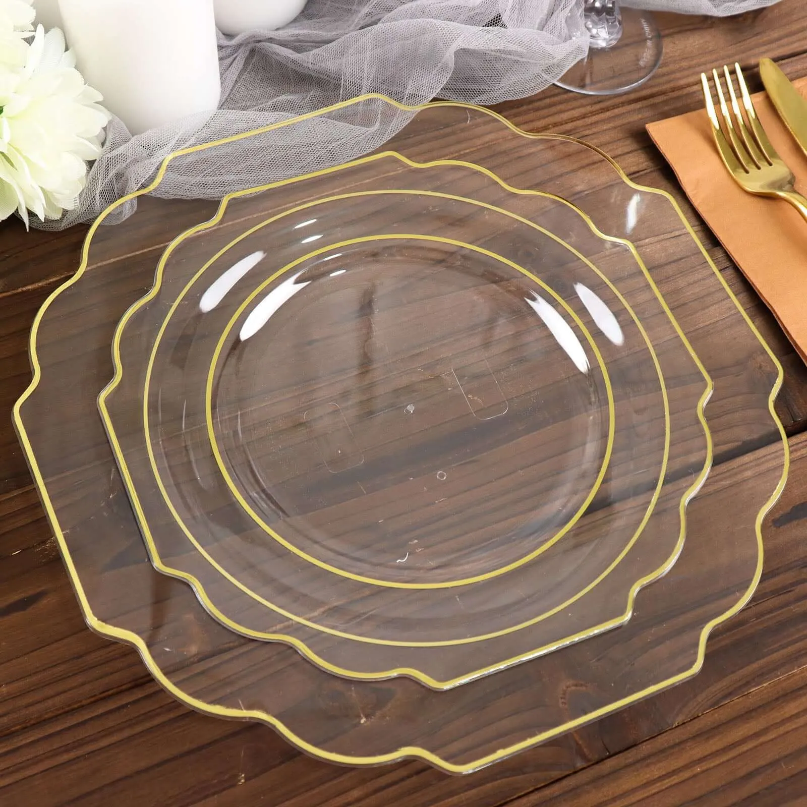 10 Pack 11" Clear Hard Plastic Dinner Plates, Disposable Tableware, Baroque Heavy Duty Plates with Gold Rim