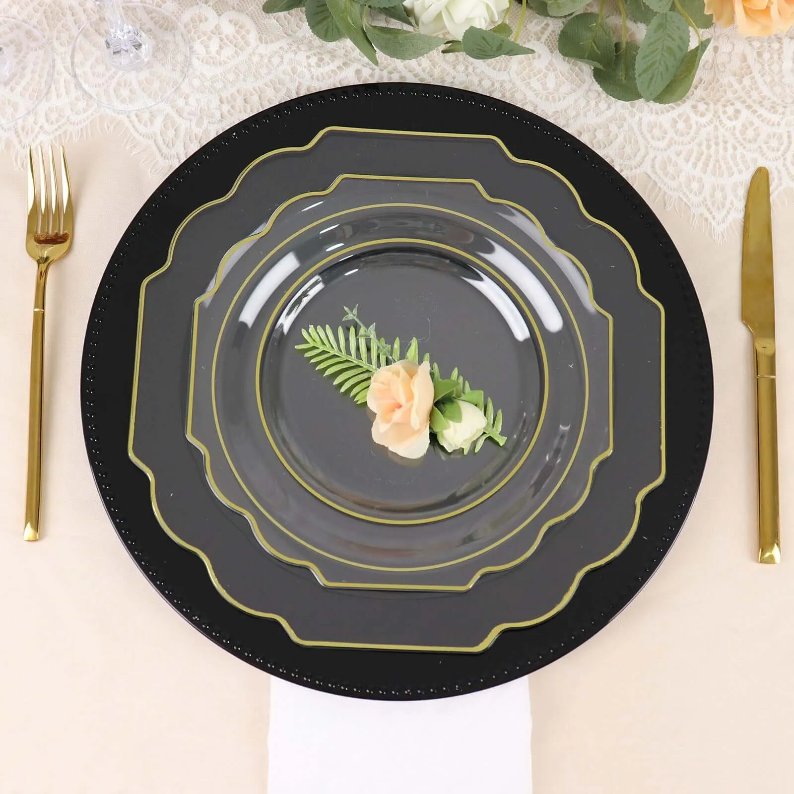 10 Pack 11" Clear Hard Plastic Dinner Plates, Disposable Tableware, Baroque Heavy Duty Plates with Gold Rim