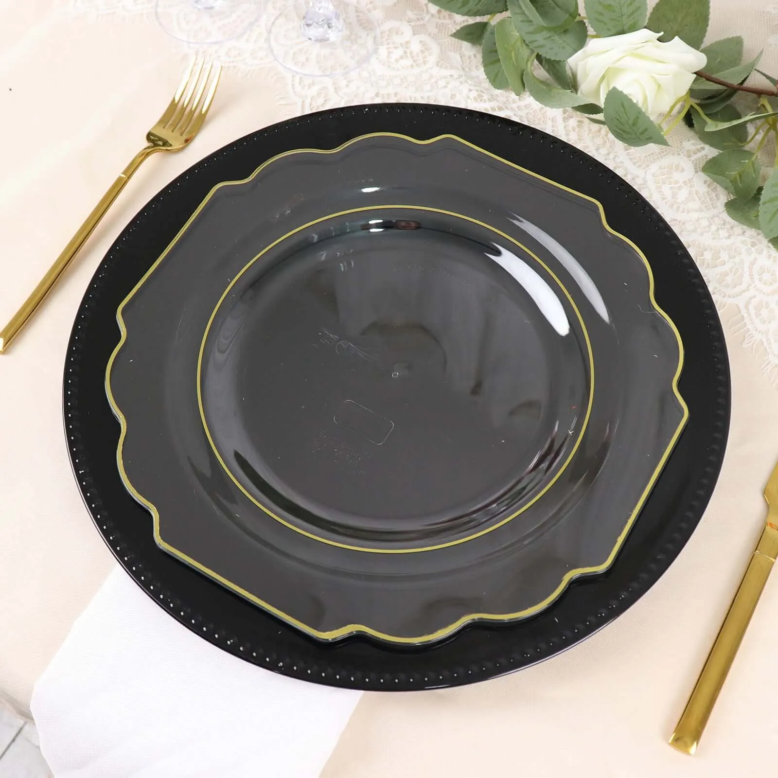 10 Pack 11" Clear Hard Plastic Dinner Plates, Disposable Tableware, Baroque Heavy Duty Plates with Gold Rim