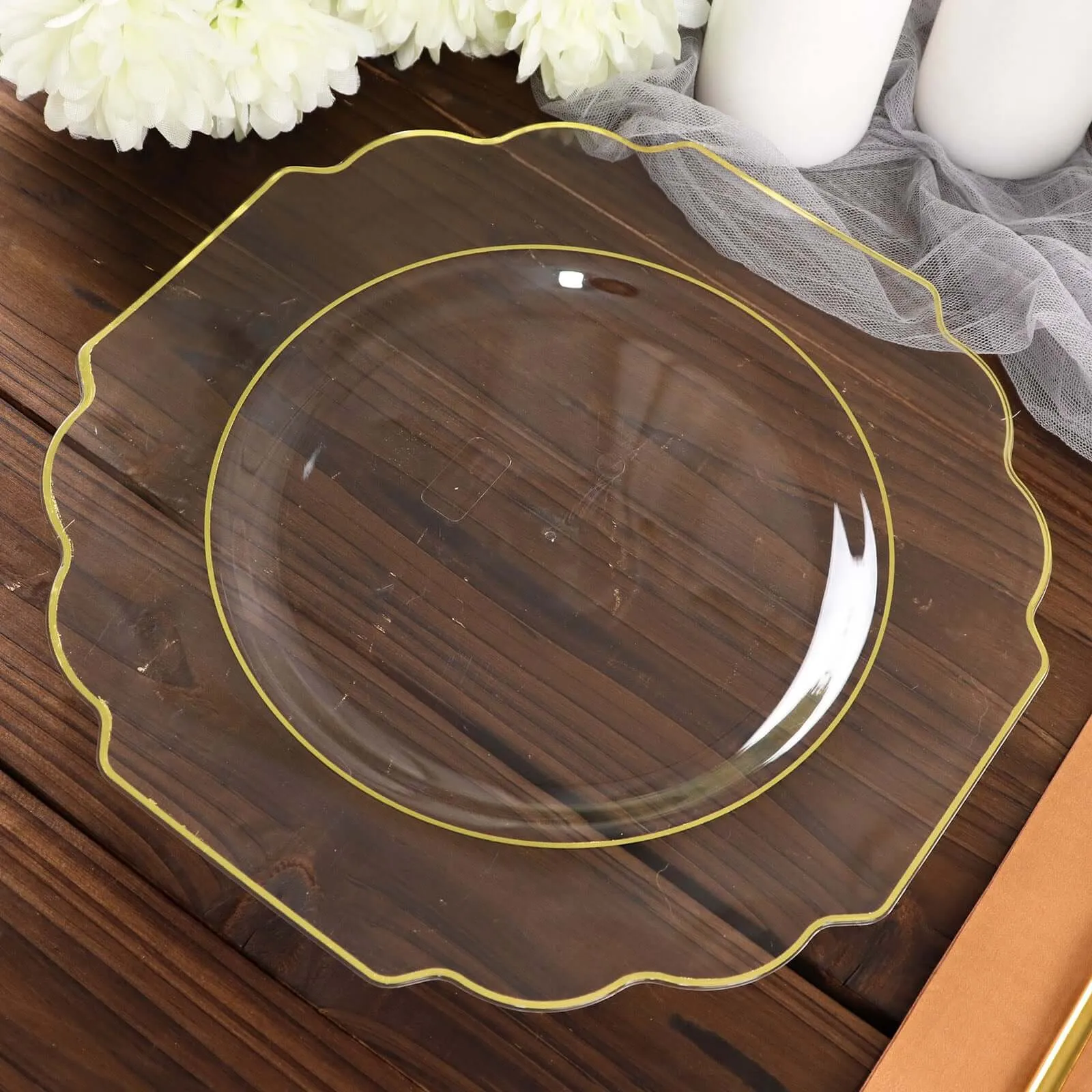 10 Pack 11" Clear Hard Plastic Dinner Plates, Disposable Tableware, Baroque Heavy Duty Plates with Gold Rim