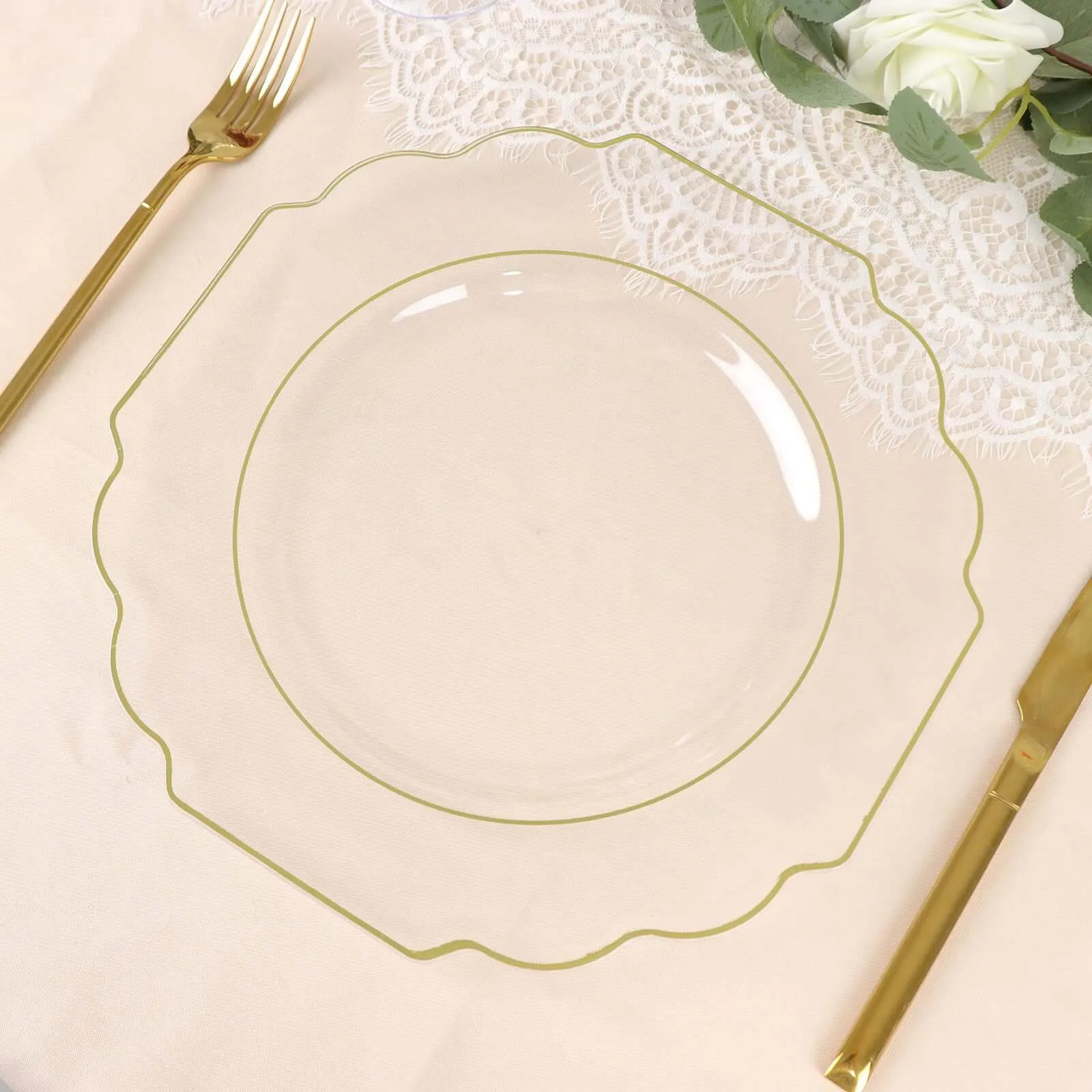 10 Pack 11" Clear Hard Plastic Dinner Plates, Disposable Tableware, Baroque Heavy Duty Plates with Gold Rim