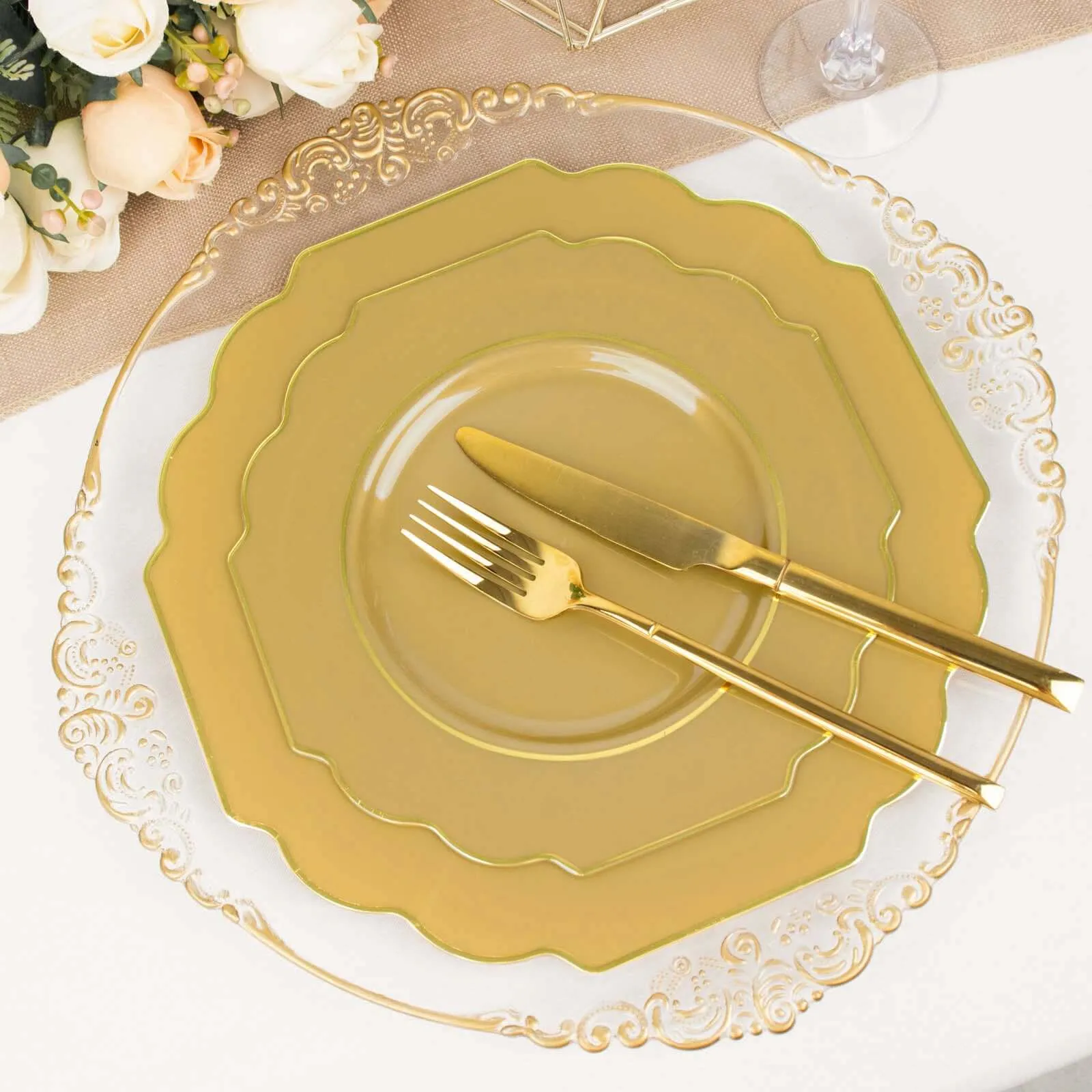 10 Pack 11" Gold Heavy Duty Disposable Baroque Dinner Plates with Gold Rim, Hard Plastic Dinnerware
