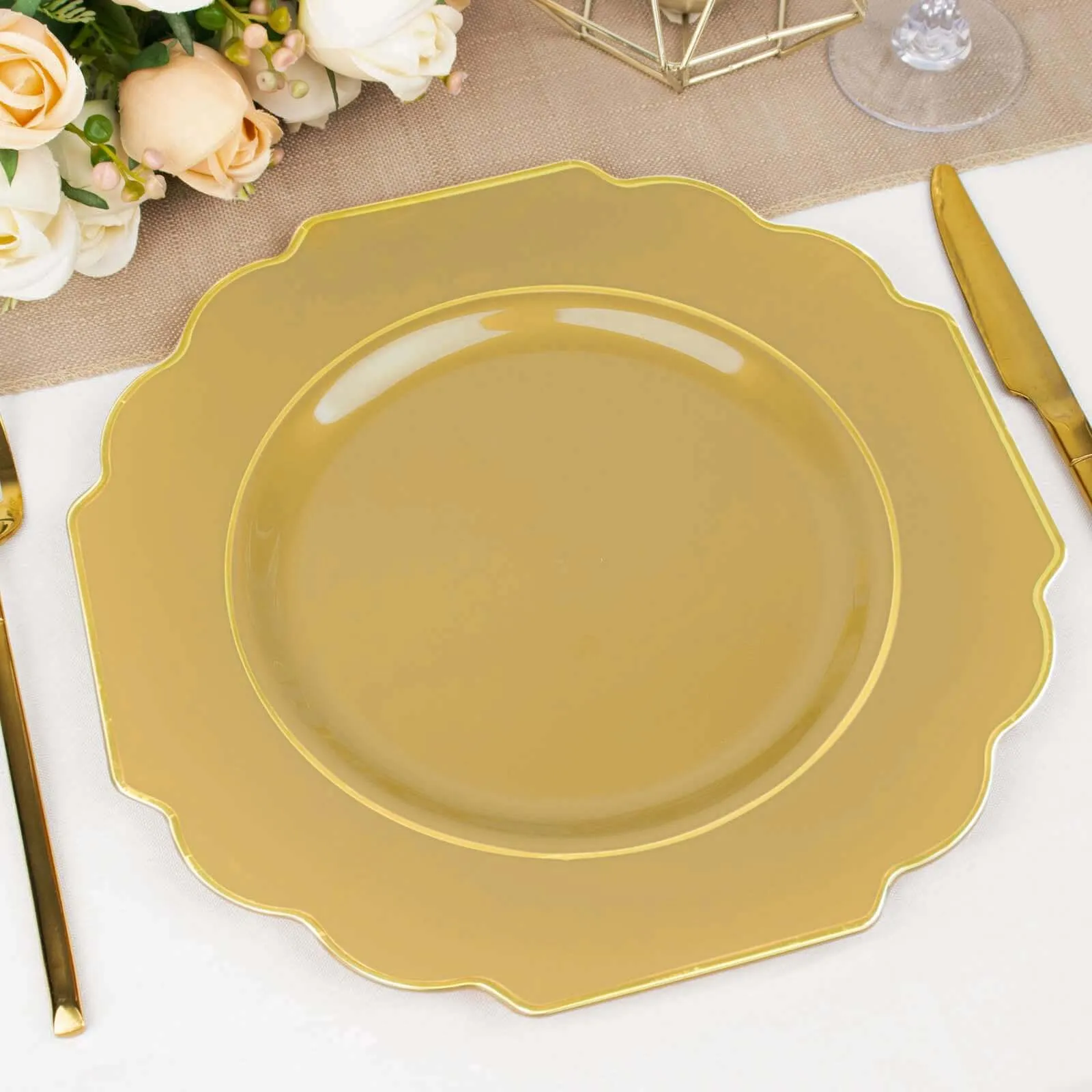 10 Pack 11" Gold Heavy Duty Disposable Baroque Dinner Plates with Gold Rim, Hard Plastic Dinnerware