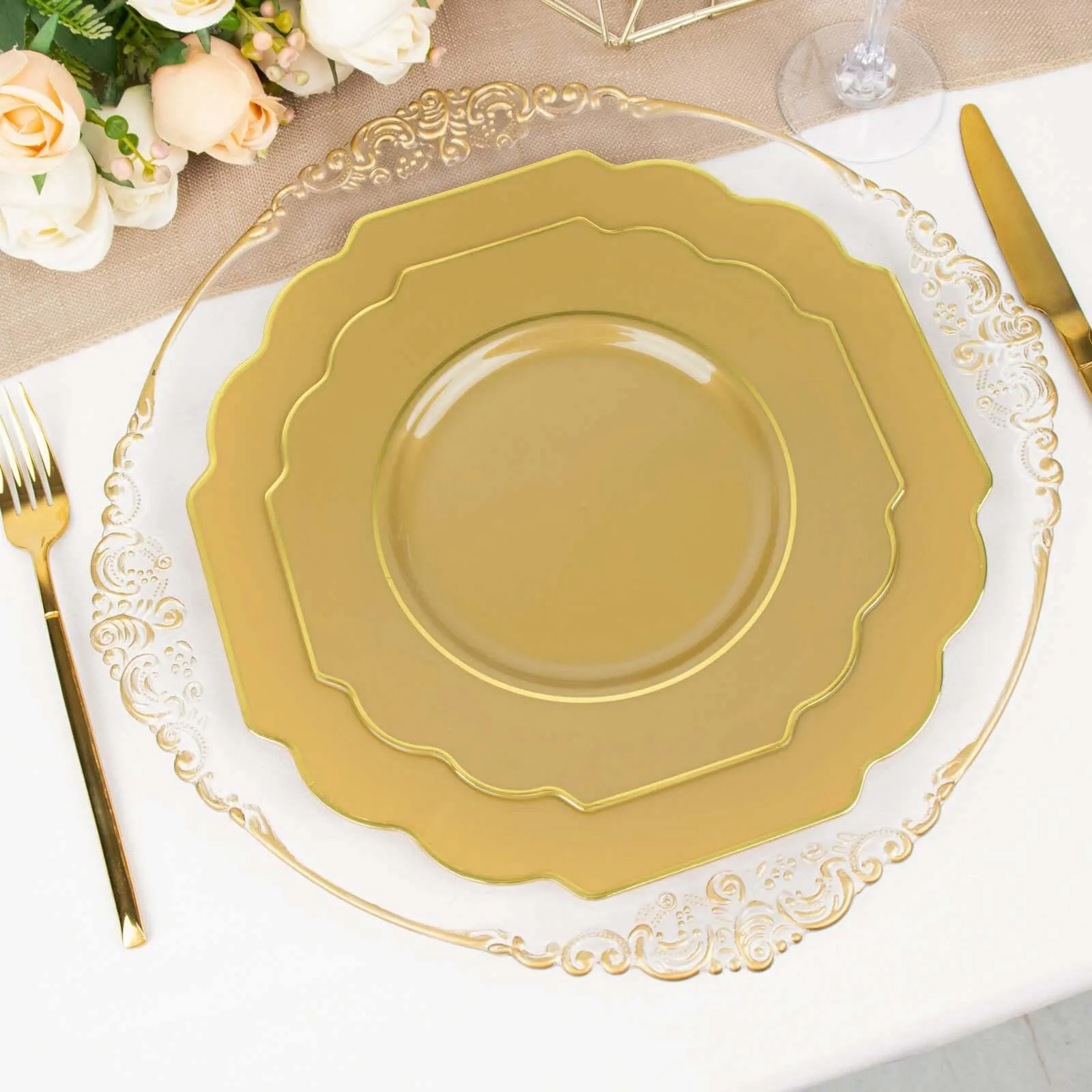 10 Pack 11" Gold Heavy Duty Disposable Baroque Dinner Plates with Gold Rim, Hard Plastic Dinnerware