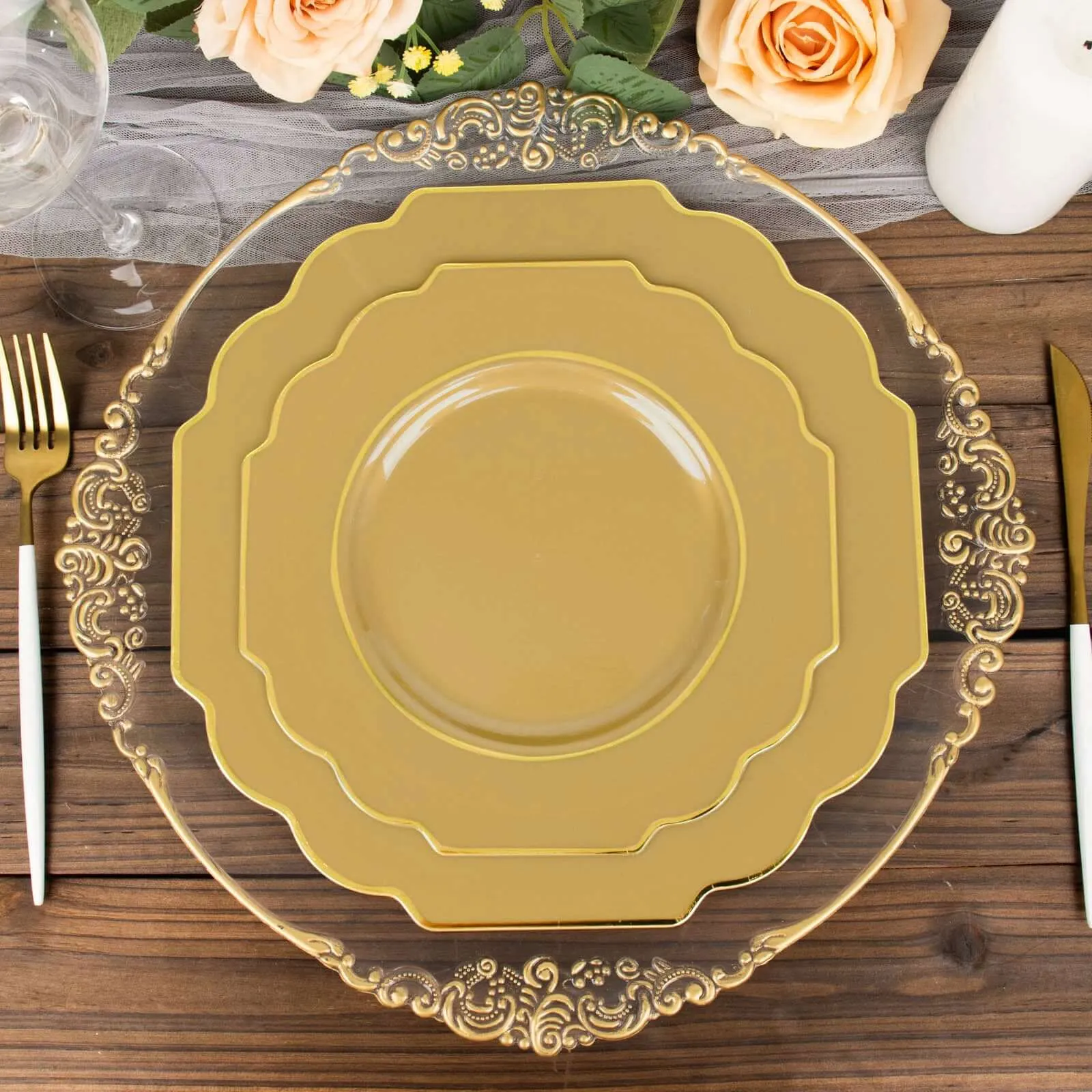 10 Pack 11" Gold Heavy Duty Disposable Baroque Dinner Plates with Gold Rim, Hard Plastic Dinnerware