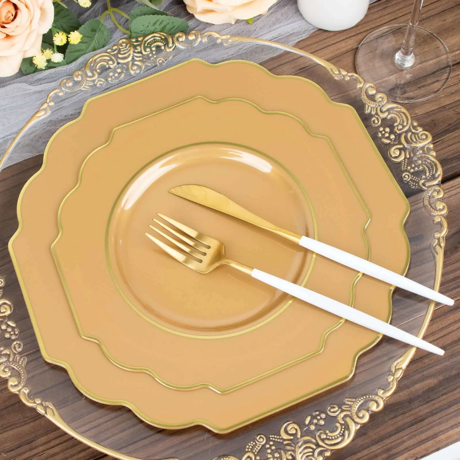 10 Pack 11" Gold Heavy Duty Disposable Baroque Dinner Plates with Gold Rim, Hard Plastic Dinnerware