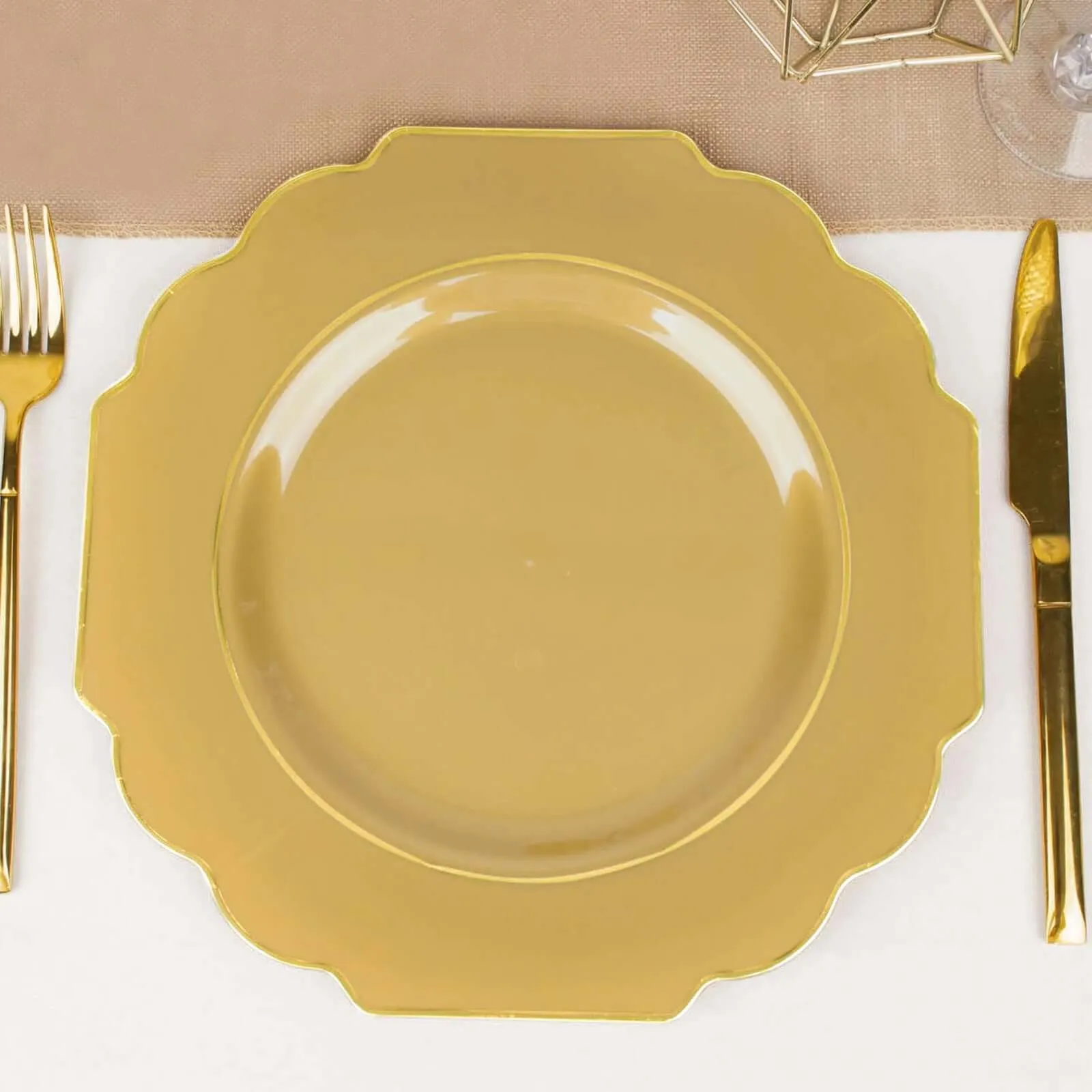 10 Pack 11" Gold Heavy Duty Disposable Baroque Dinner Plates with Gold Rim, Hard Plastic Dinnerware