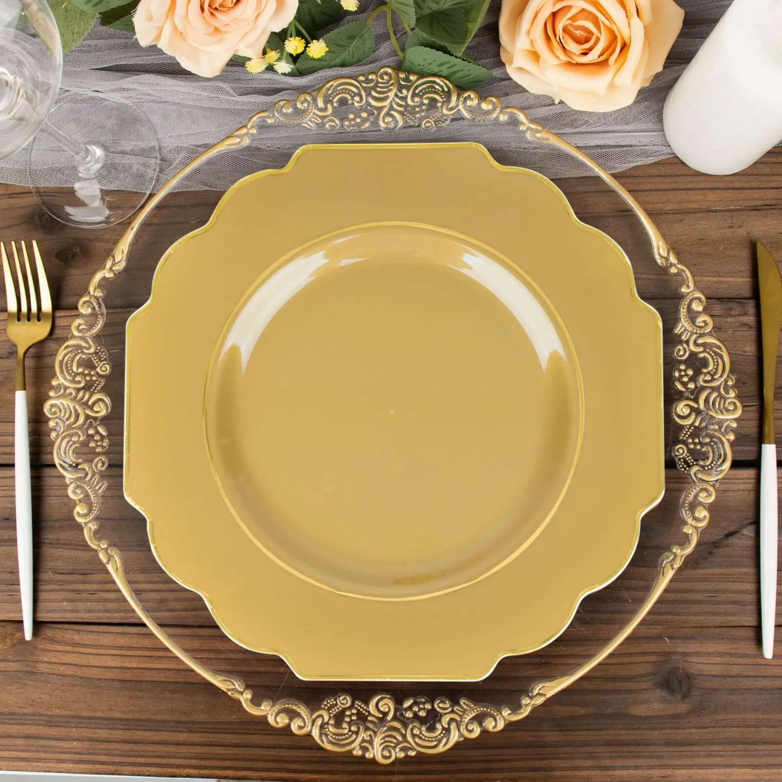 10 Pack 11" Gold Heavy Duty Disposable Baroque Dinner Plates with Gold Rim, Hard Plastic Dinnerware