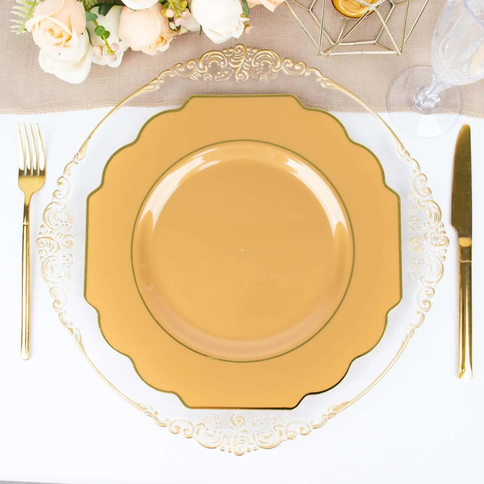 10 Pack 11" Gold Heavy Duty Disposable Baroque Dinner Plates with Gold Rim, Hard Plastic Dinnerware