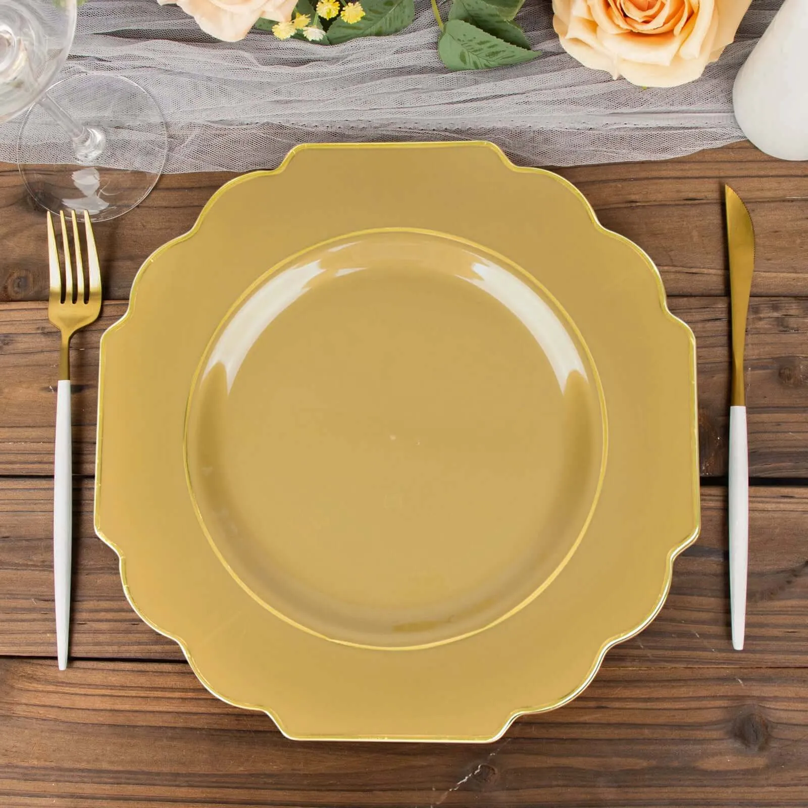 10 Pack 11" Gold Heavy Duty Disposable Baroque Dinner Plates with Gold Rim, Hard Plastic Dinnerware