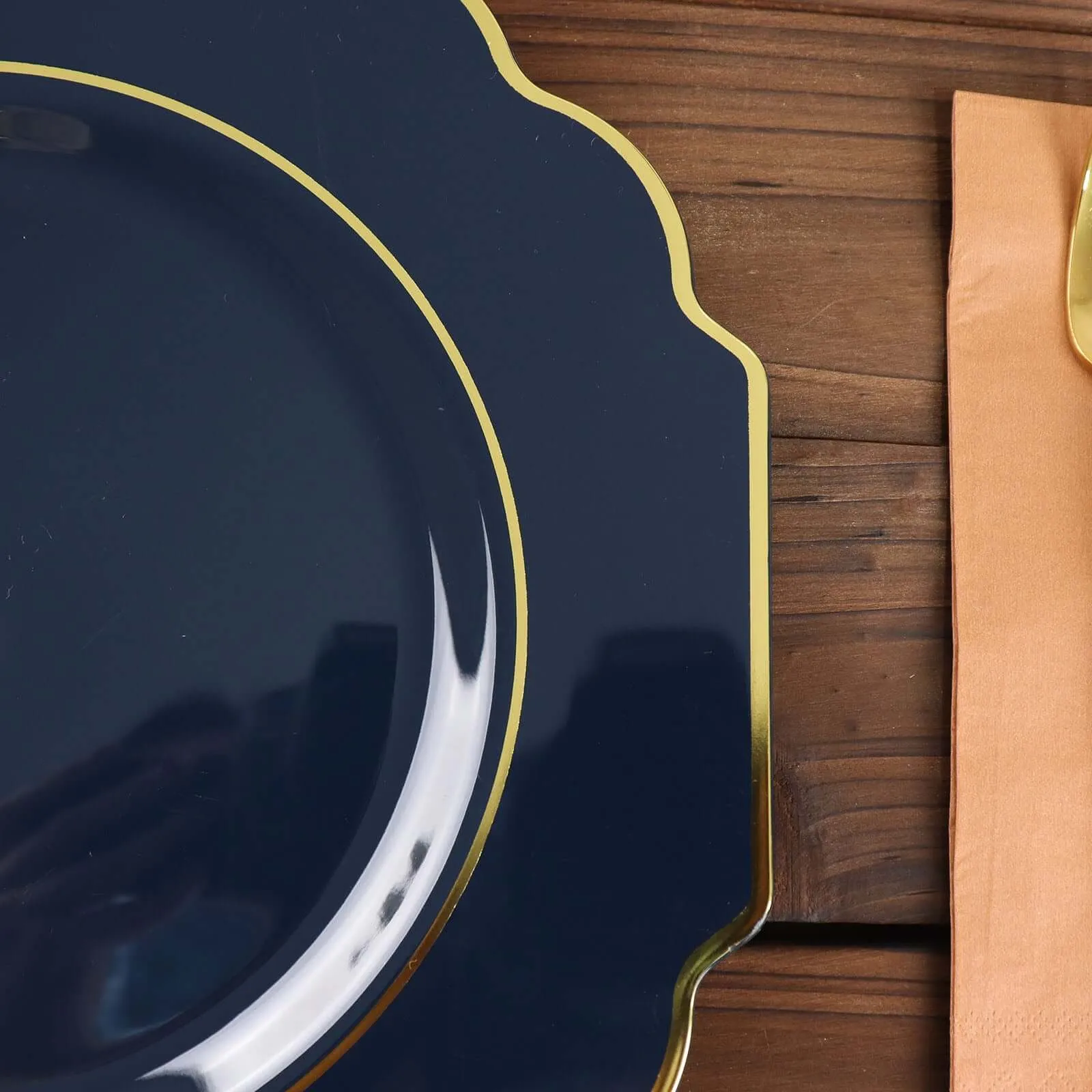 10 Pack 11" Navy Blue Hard Plastic Dinner Plates, Disposable Tableware, Baroque Heavy Duty Plates with Gold Rim