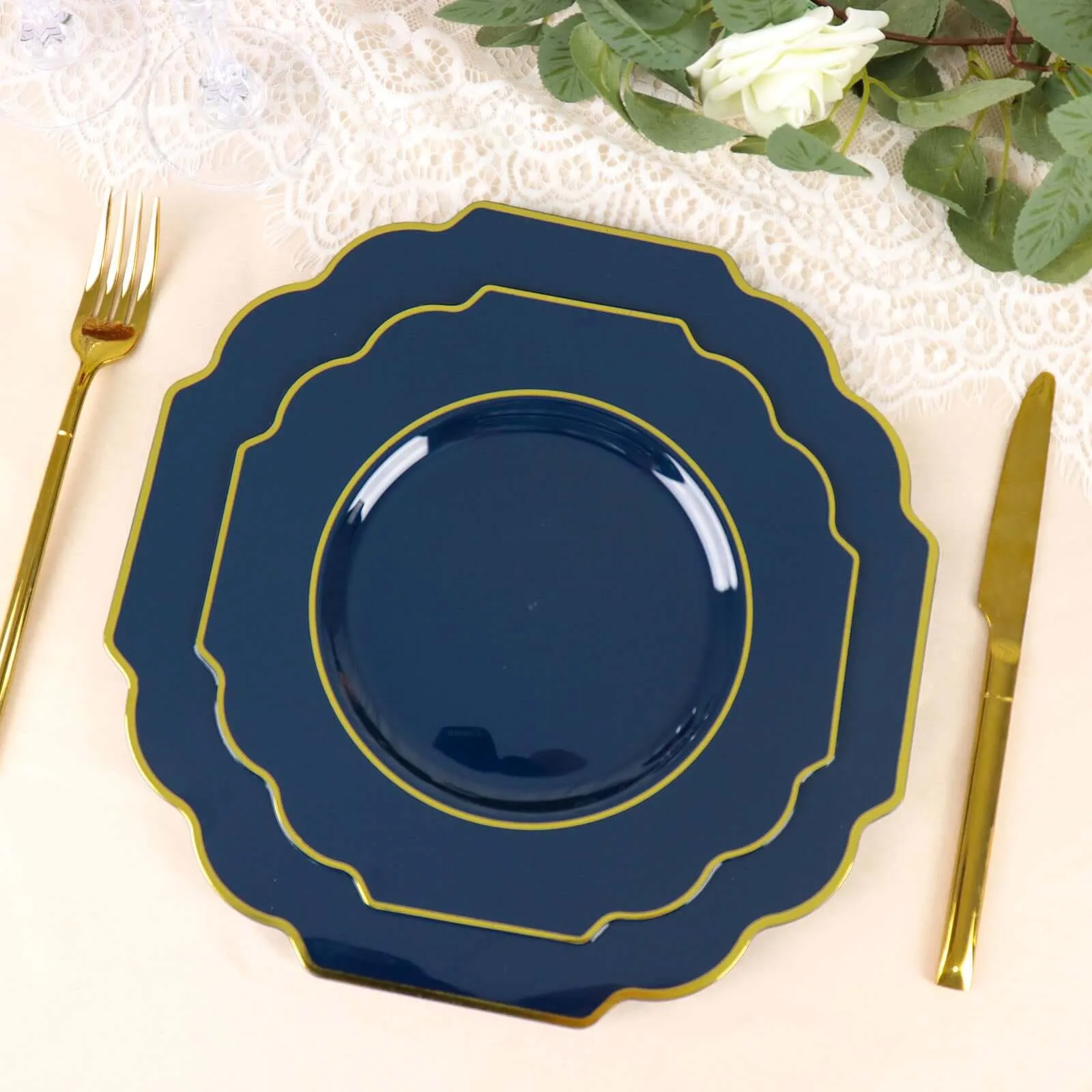 10 Pack 11" Navy Blue Hard Plastic Dinner Plates, Disposable Tableware, Baroque Heavy Duty Plates with Gold Rim