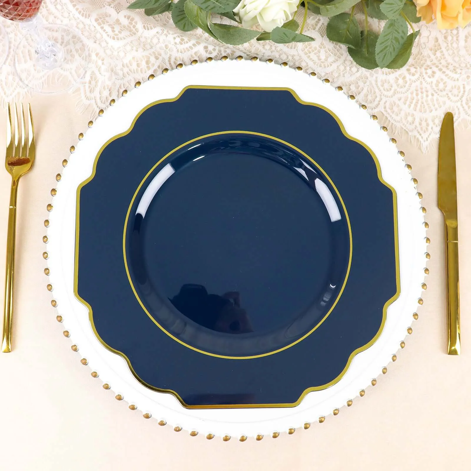 10 Pack 11" Navy Blue Hard Plastic Dinner Plates, Disposable Tableware, Baroque Heavy Duty Plates with Gold Rim