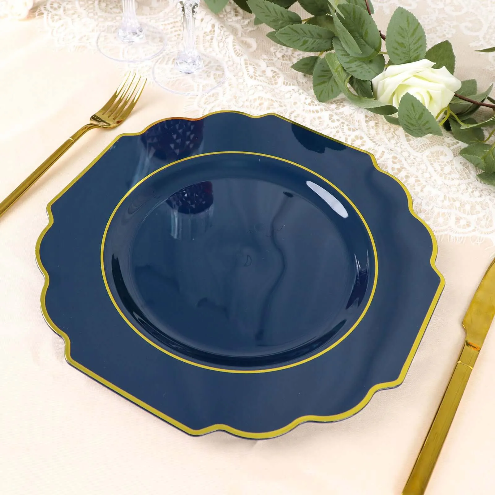 10 Pack 11" Navy Blue Hard Plastic Dinner Plates, Disposable Tableware, Baroque Heavy Duty Plates with Gold Rim