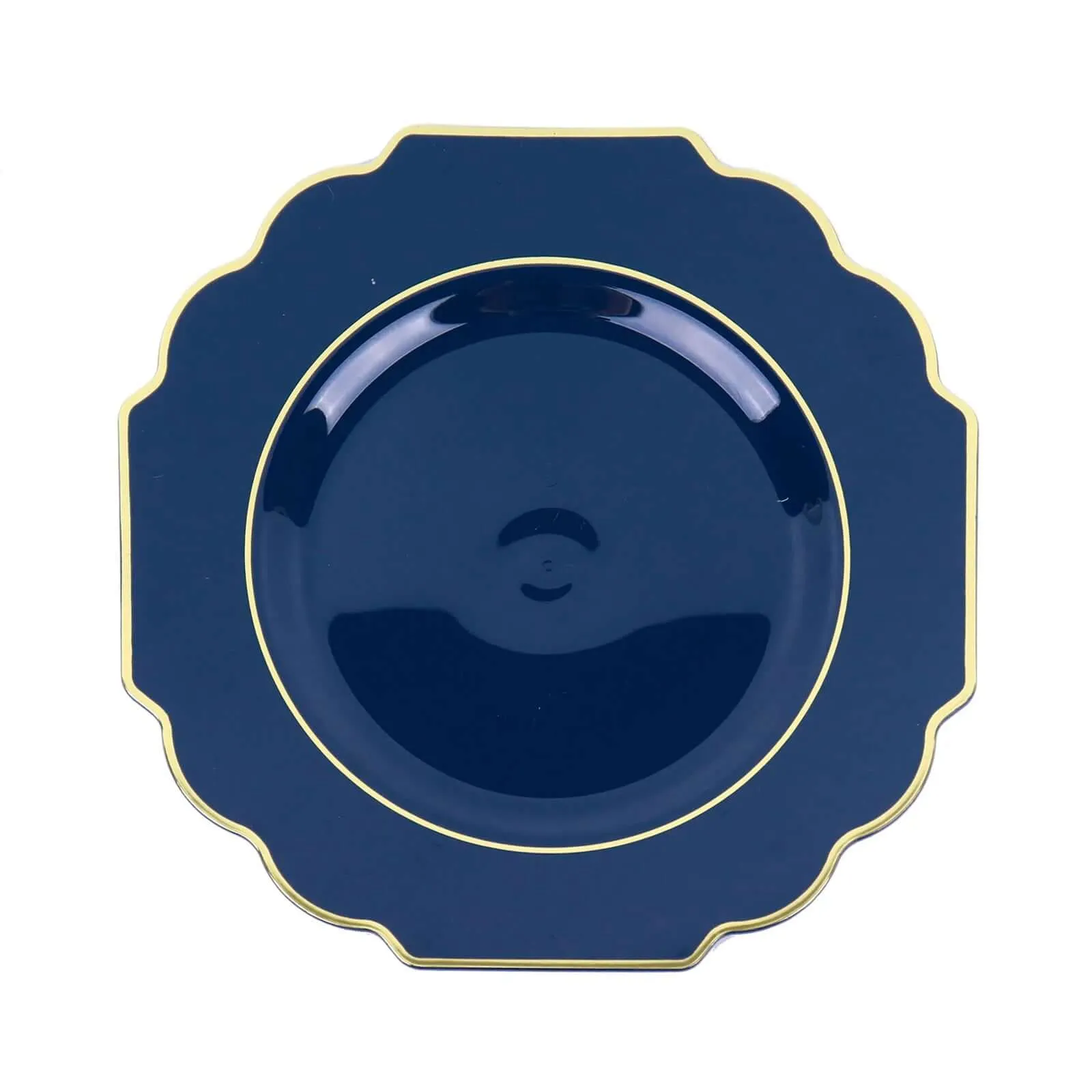 10 Pack 11" Navy Blue Hard Plastic Dinner Plates, Disposable Tableware, Baroque Heavy Duty Plates with Gold Rim