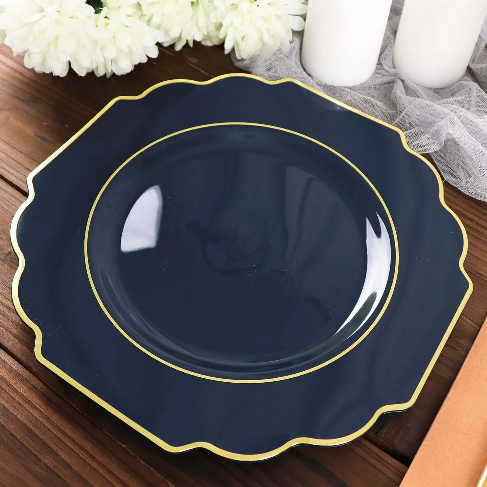 10 Pack 11" Navy Blue Hard Plastic Dinner Plates, Disposable Tableware, Baroque Heavy Duty Plates with Gold Rim