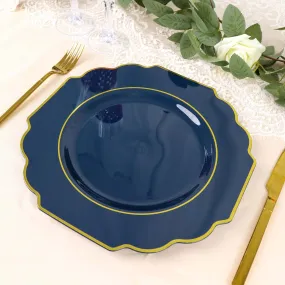 10 Pack 11" Navy Blue Hard Plastic Dinner Plates, Disposable Tableware, Baroque Heavy Duty Plates with Gold Rim