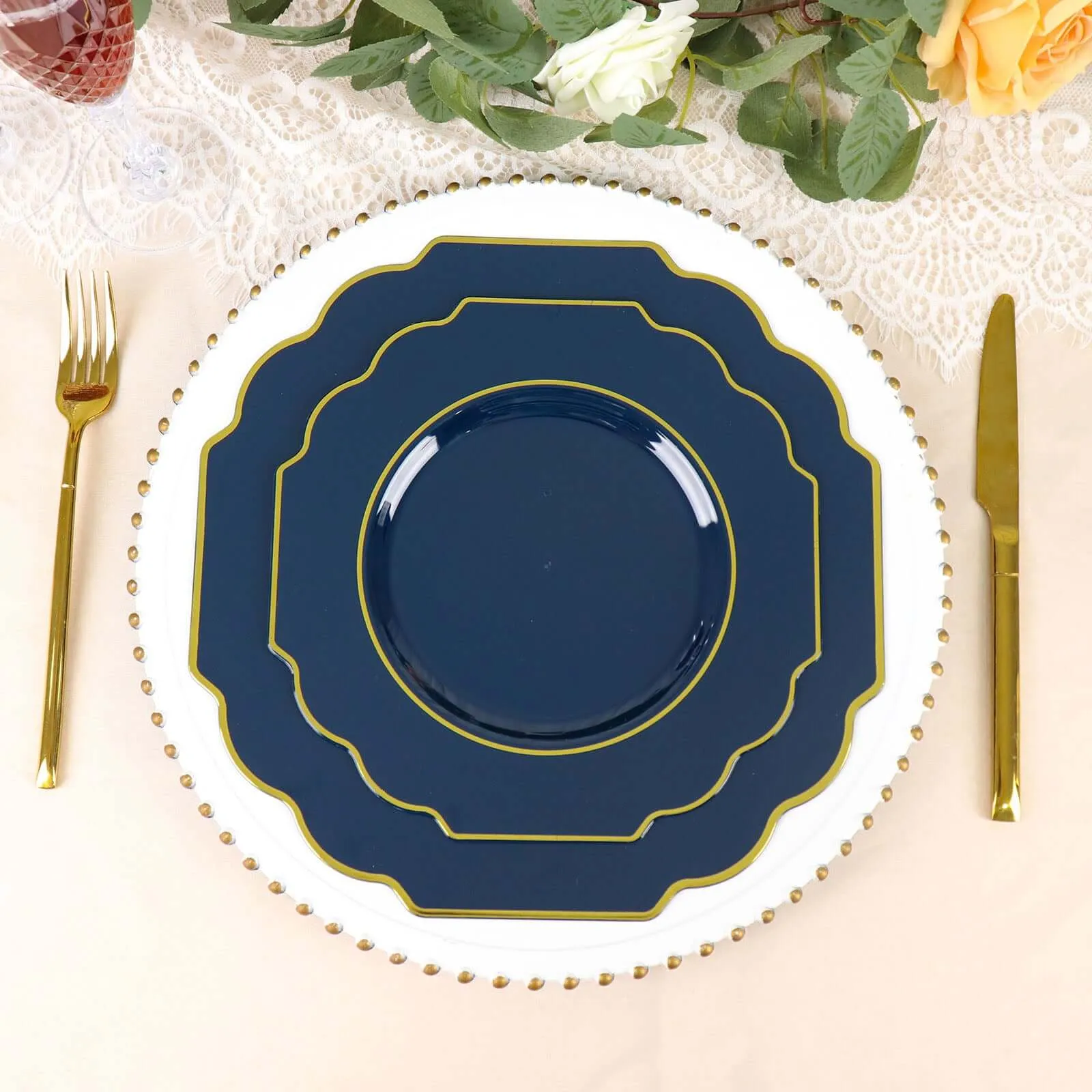 10 Pack 11" Navy Blue Hard Plastic Dinner Plates, Disposable Tableware, Baroque Heavy Duty Plates with Gold Rim