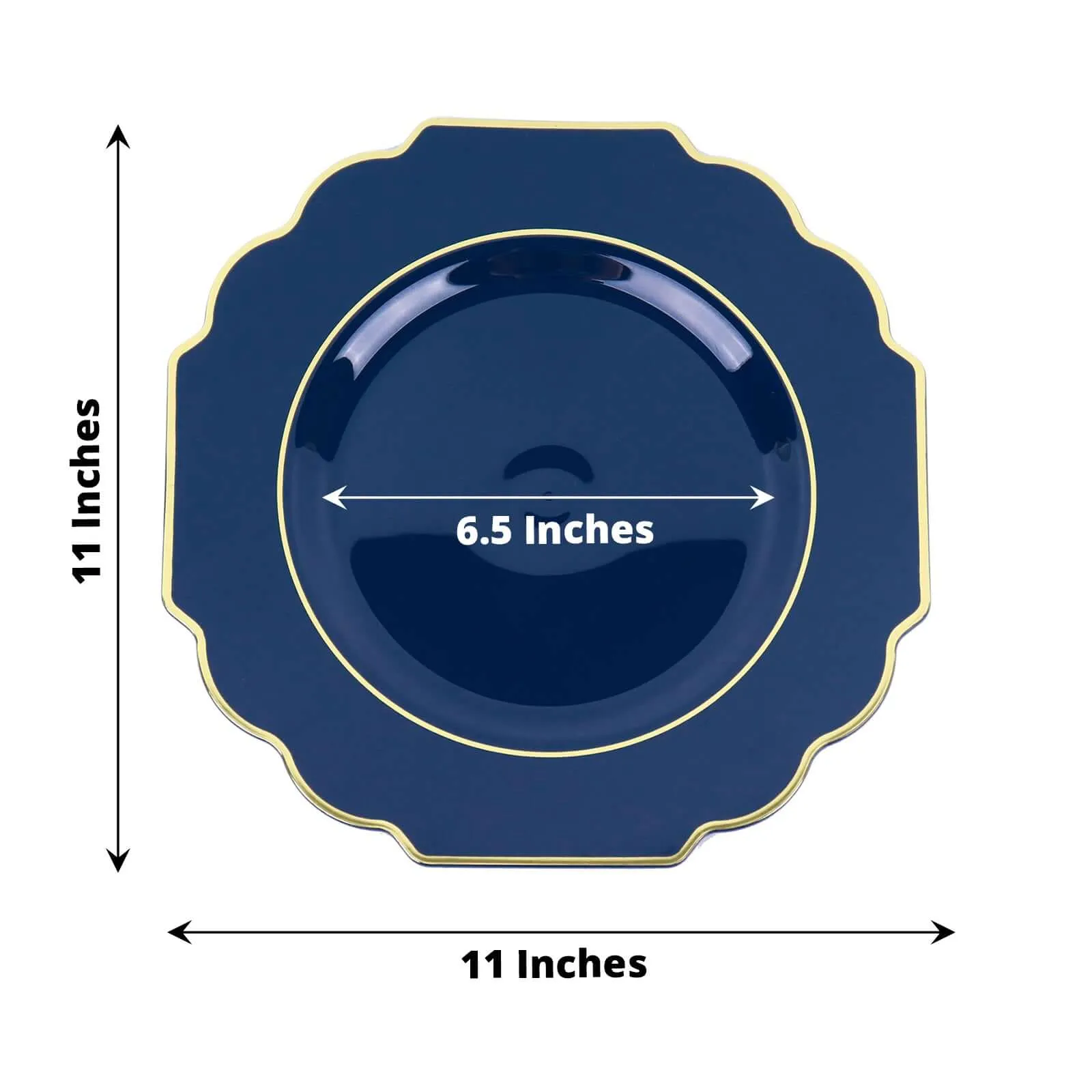 10 Pack 11" Navy Blue Hard Plastic Dinner Plates, Disposable Tableware, Baroque Heavy Duty Plates with Gold Rim