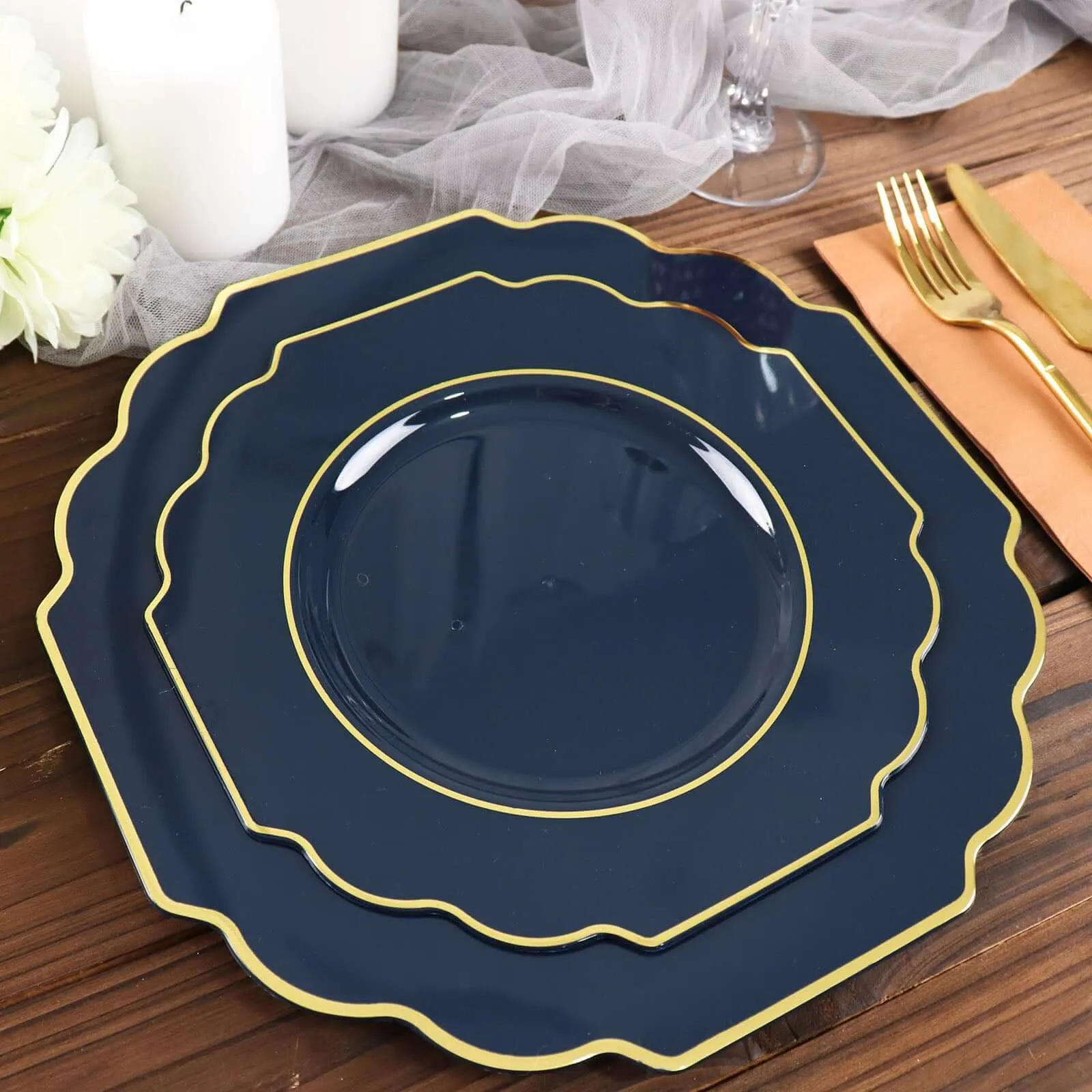 10 Pack 11" Navy Blue Hard Plastic Dinner Plates, Disposable Tableware, Baroque Heavy Duty Plates with Gold Rim