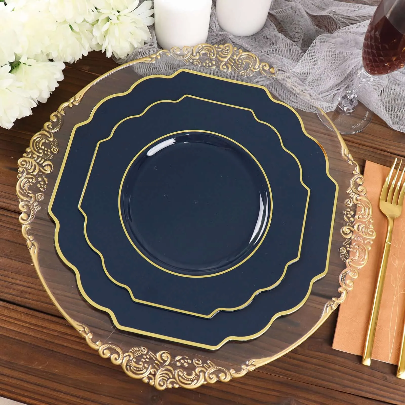10 Pack 11" Navy Blue Hard Plastic Dinner Plates, Disposable Tableware, Baroque Heavy Duty Plates with Gold Rim